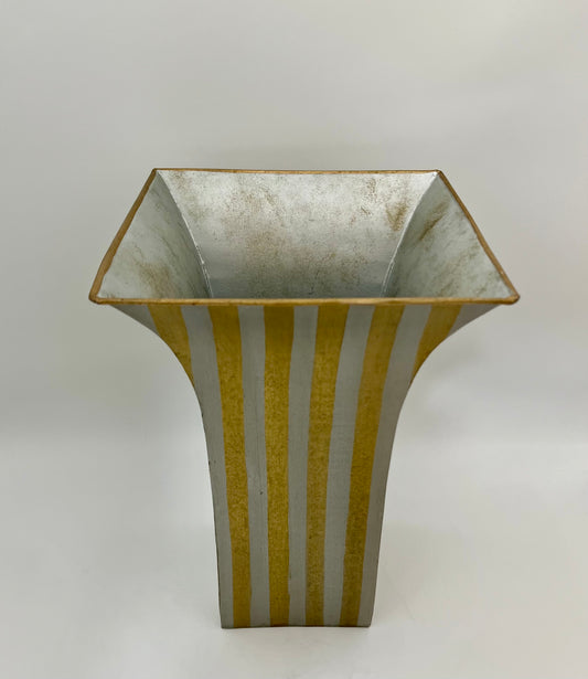 GOLD AND SILVER STRIPED TIN WASTEBASKET/PLANTER, CIRCA 1963