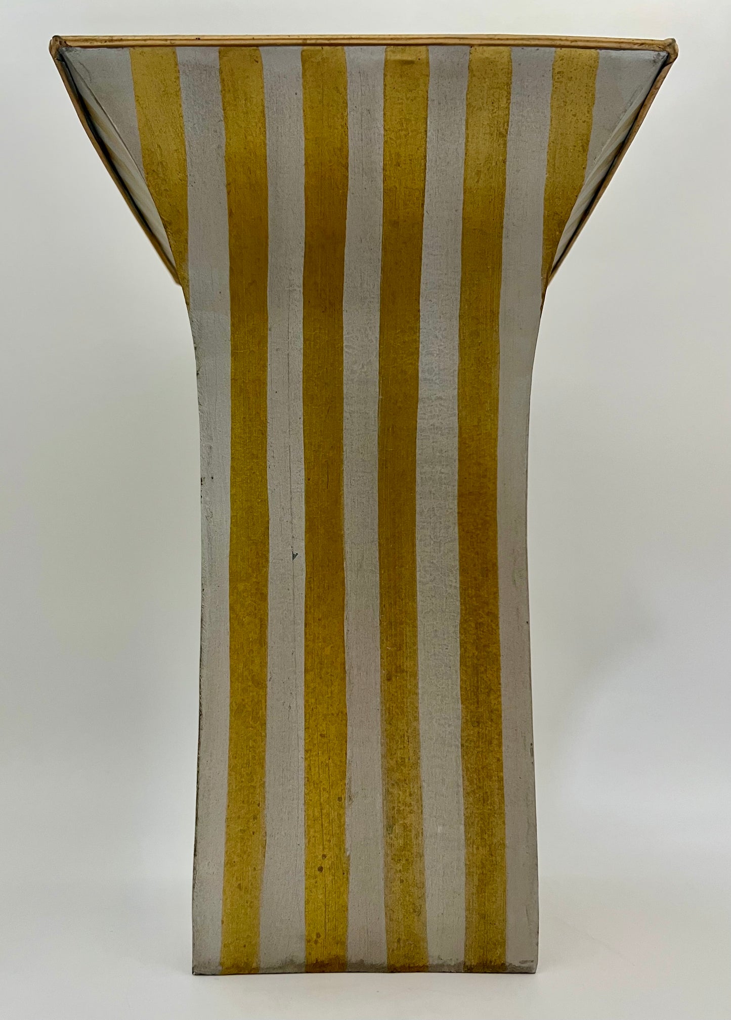GOLD AND SILVER STRIPED TIN WASTEBASKET/PLANTER VASE, CIRCA 1963