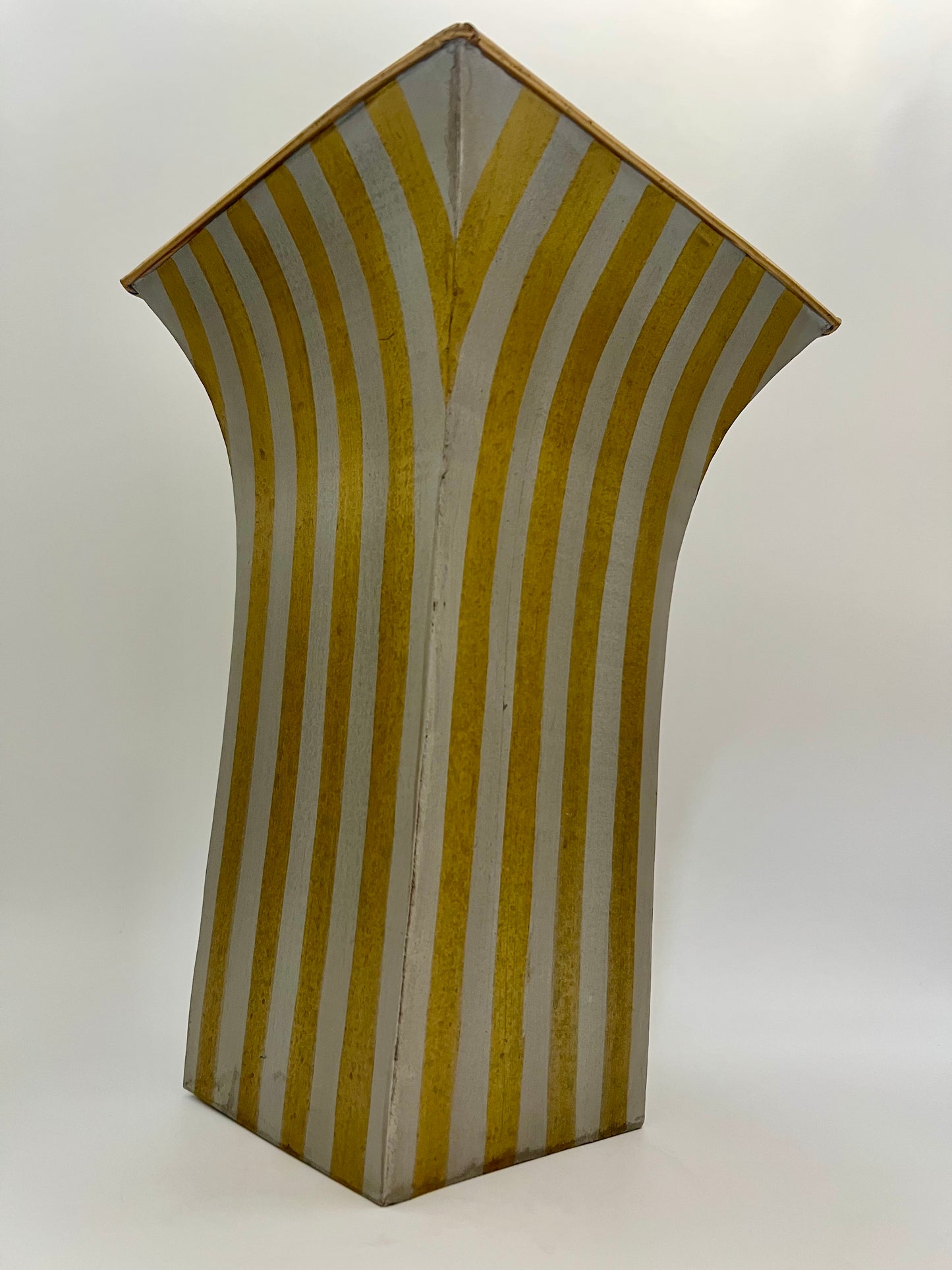 GOLD AND SILVER STRIPED TIN WASTEBASKET/PLANTER VASE, CIRCA 1963