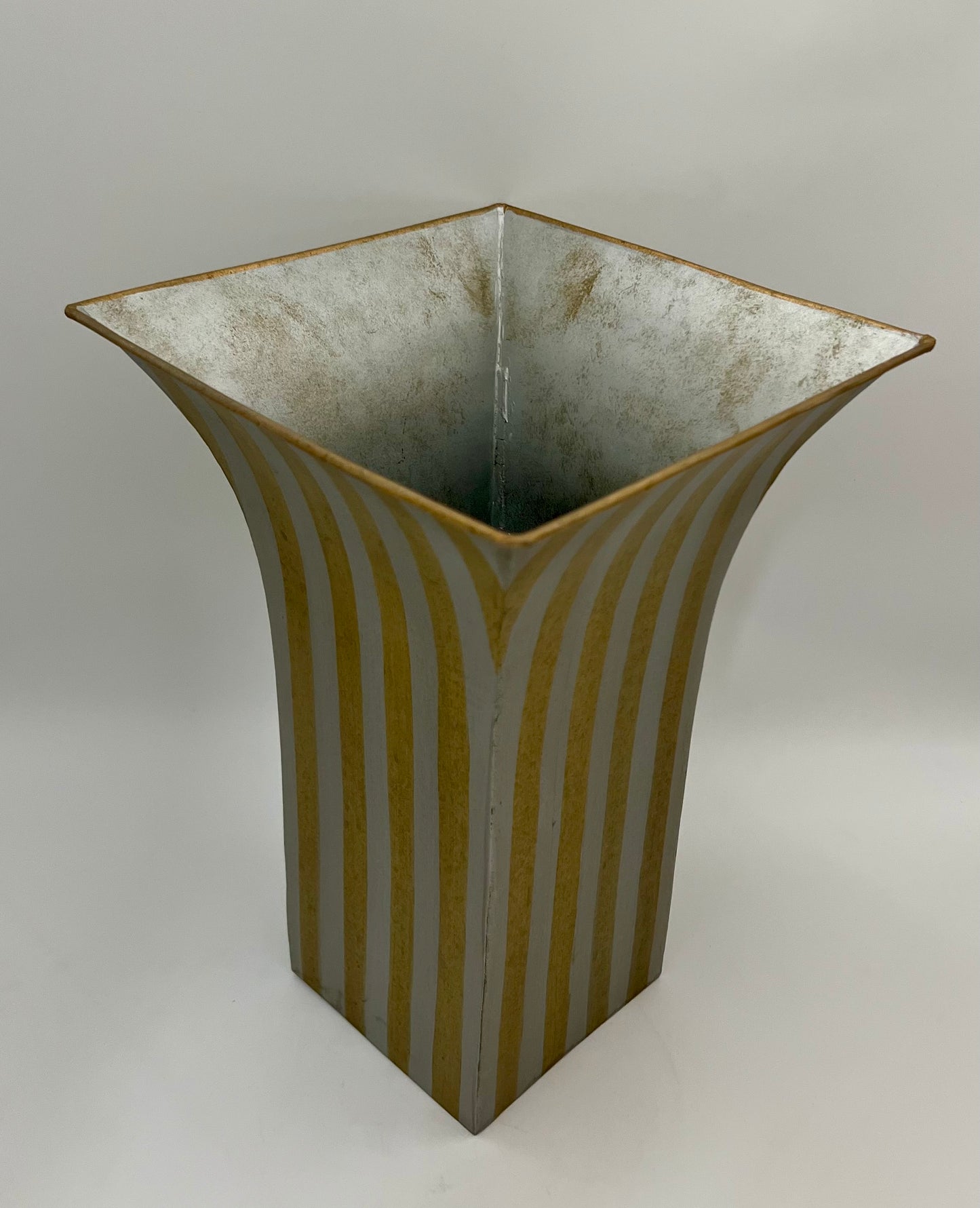 GOLD AND SILVER STRIPED TIN WASTEBASKET/PLANTER VASE, CIRCA 1963