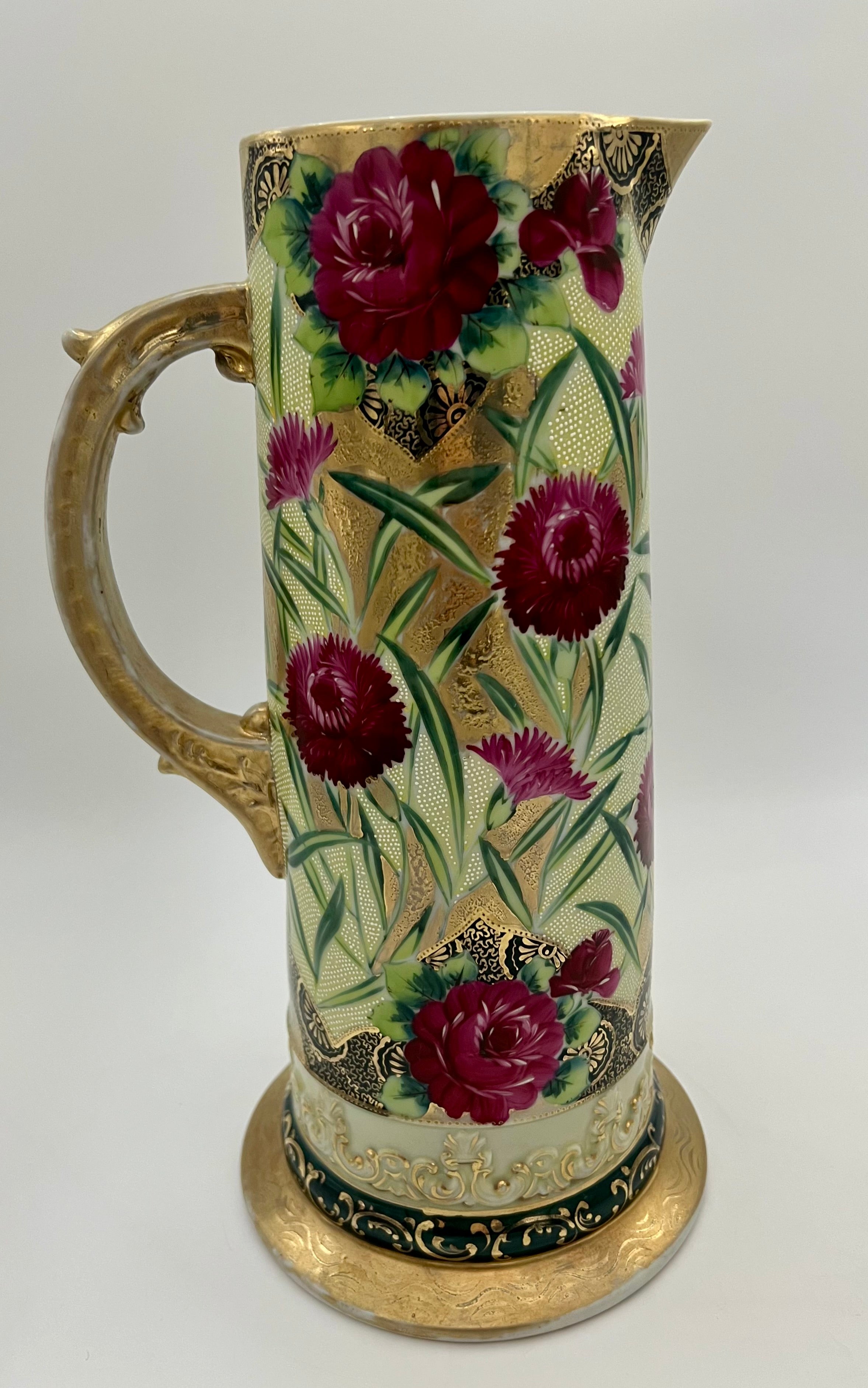 ANTIQUE NIPPON HAND-PAINTED GOLD FLORAL PITCHER   Exquisite Raised Moriage Enamel | Circa 1895–1910 | Japan