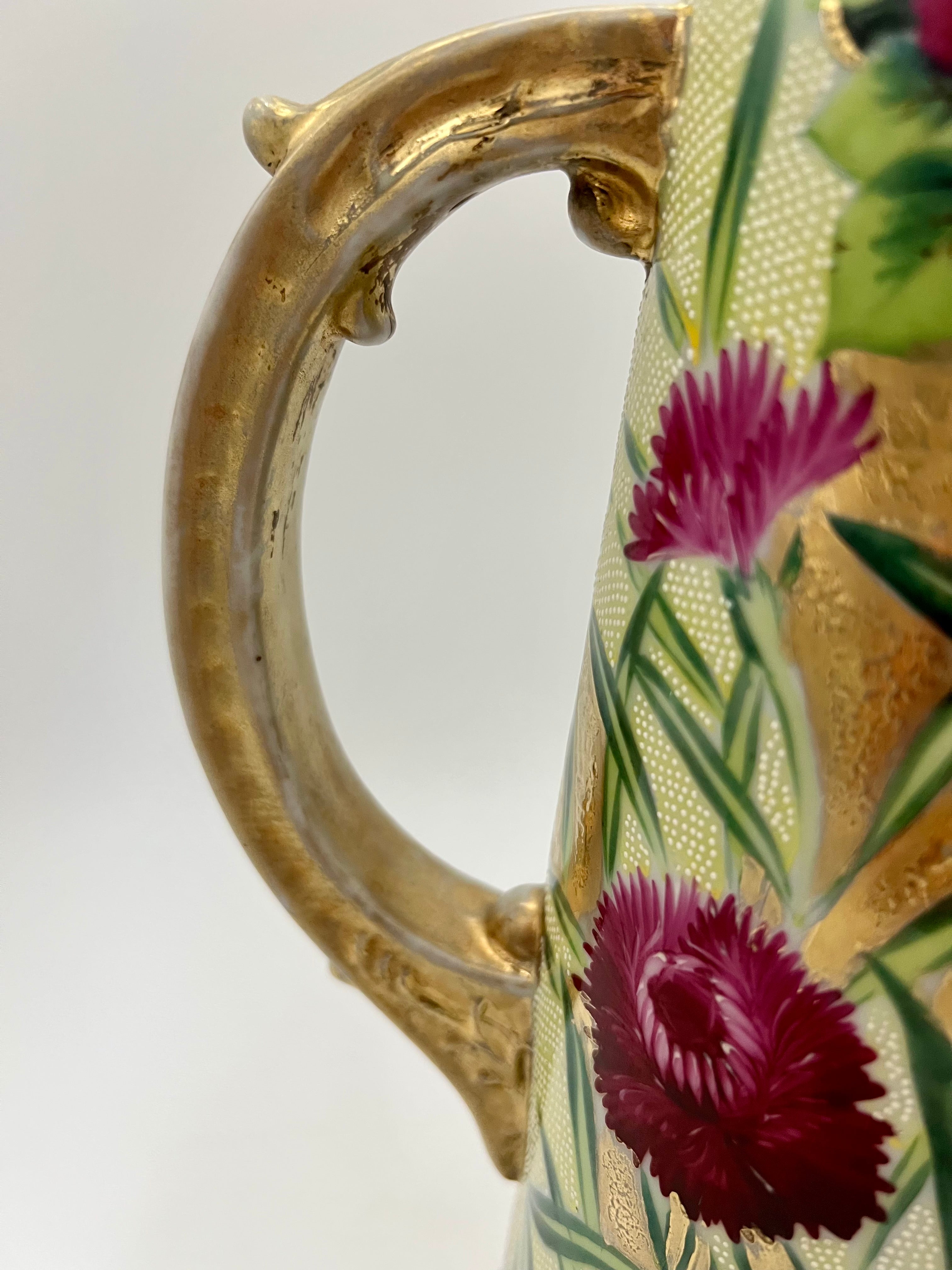 ANTIQUE NIPPON HAND-PAINTED GOLD FLORAL PITCHER   Exquisite Raised Moriage Enamel | Circa 1895–1910 | Japan