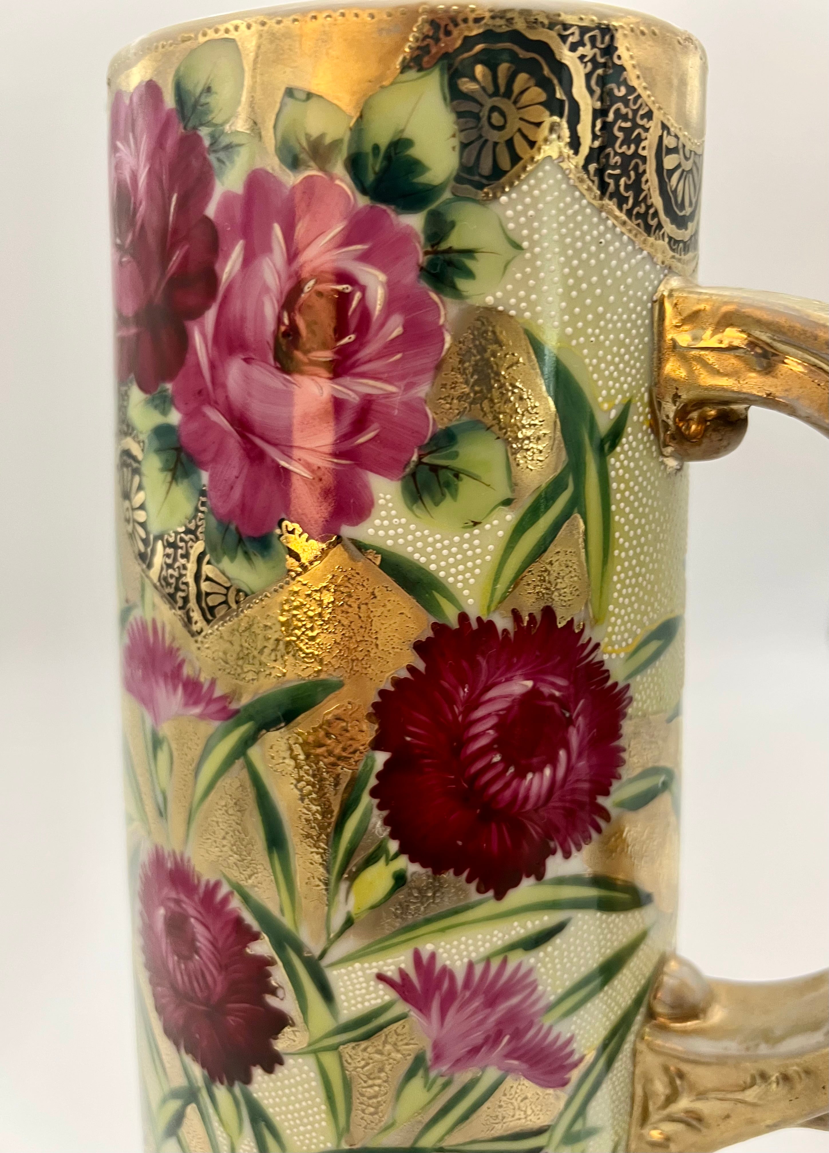 ANTIQUE NIPPON HAND-PAINTED GOLD FLORAL PITCHER   Exquisite Raised Moriage Enamel | Circa 1895–1910 | Japan