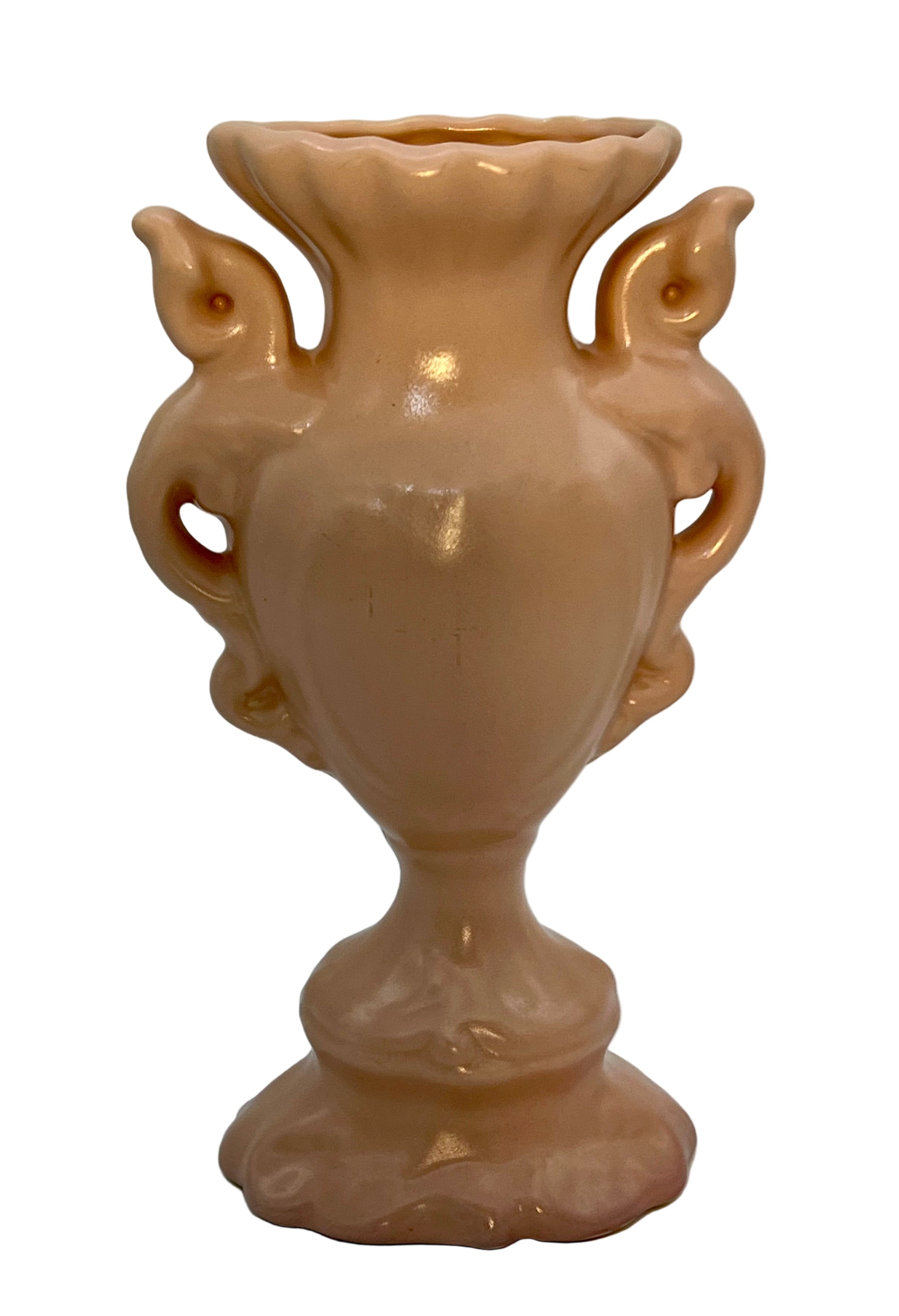 RUMRILL ART POTTERY VASE WITH BIRD HANDLES – 15″ PINK SATIN GLAZE