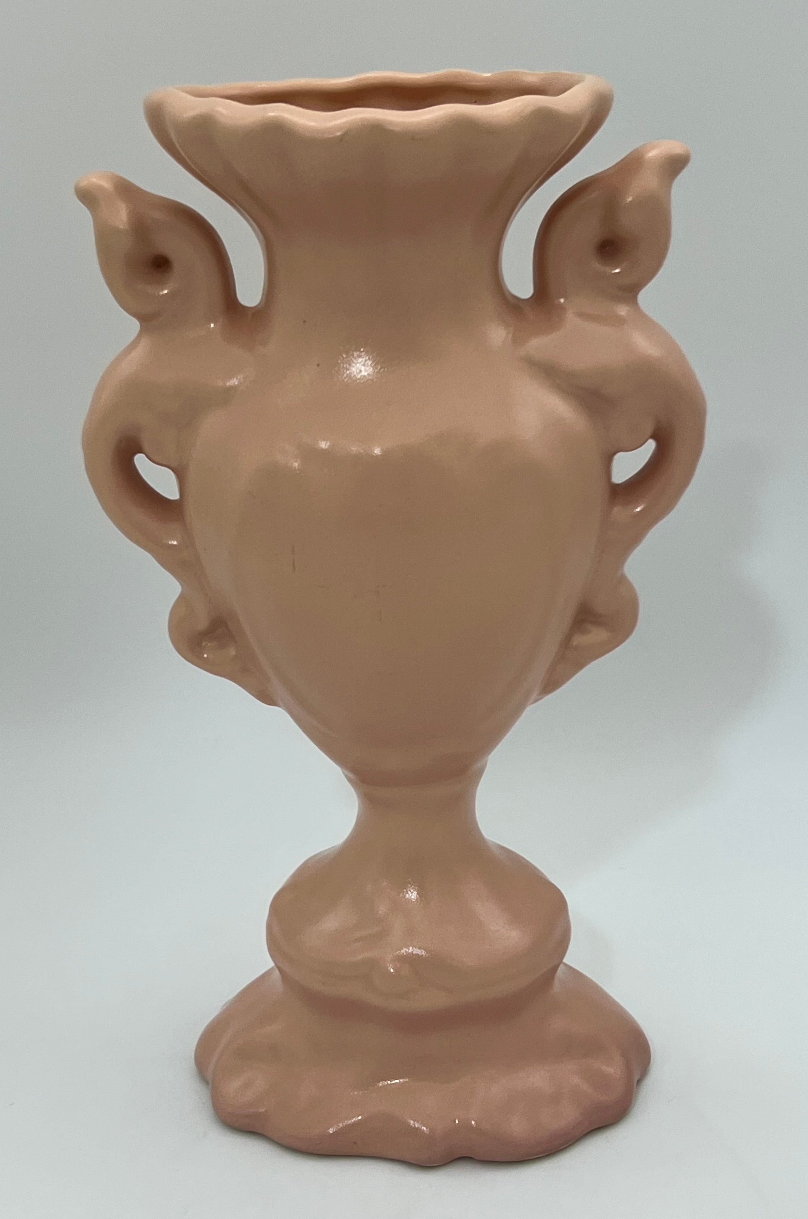 RUMRILL ART POTTERY VASE WITH BIRD HANDLES – 15″ PINK SATIN GLAZE