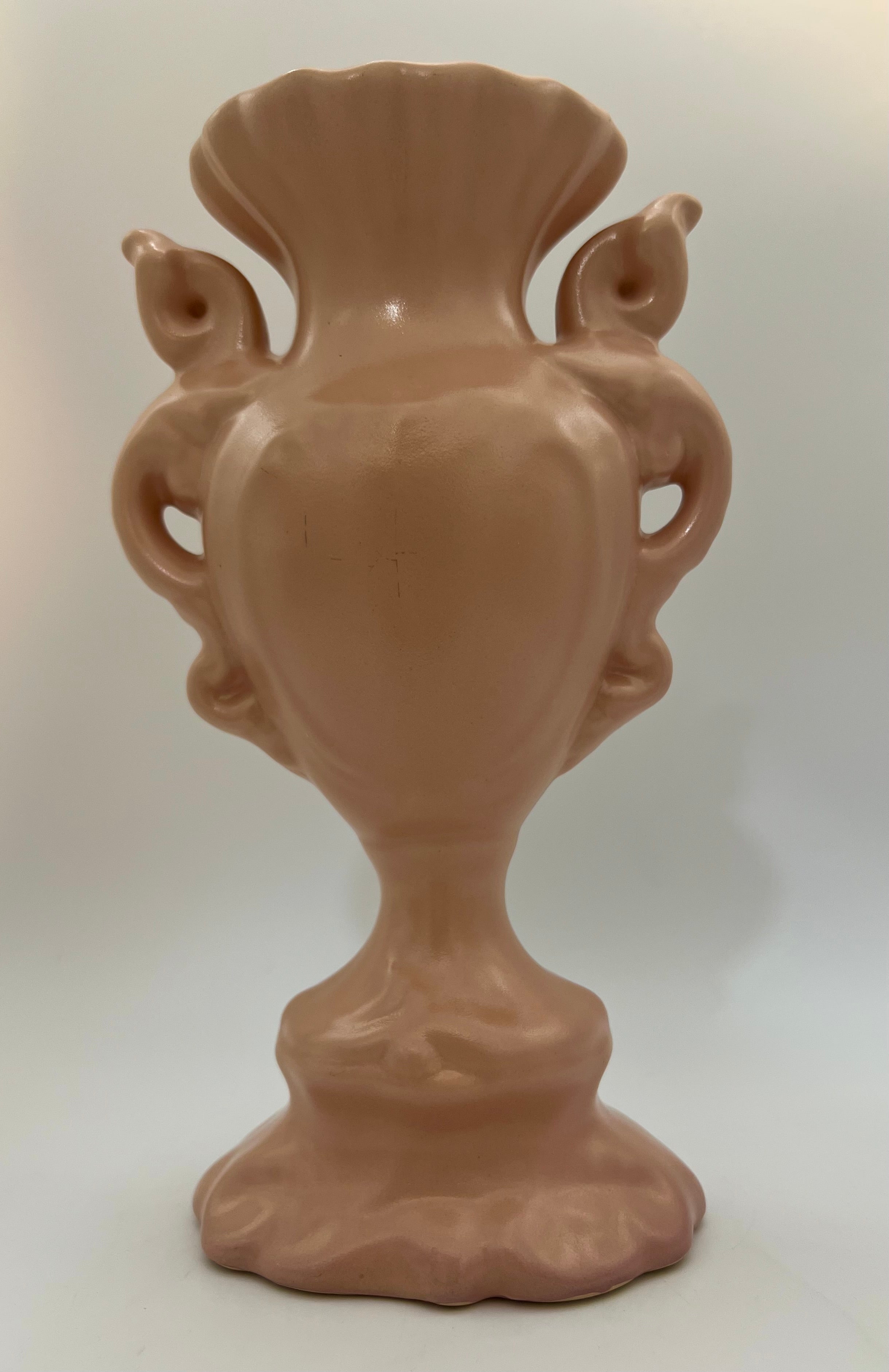 RUMRILL ART POTTERY VASE WITH BIRD HANDLES – 15″ PINK SATIN GLAZE