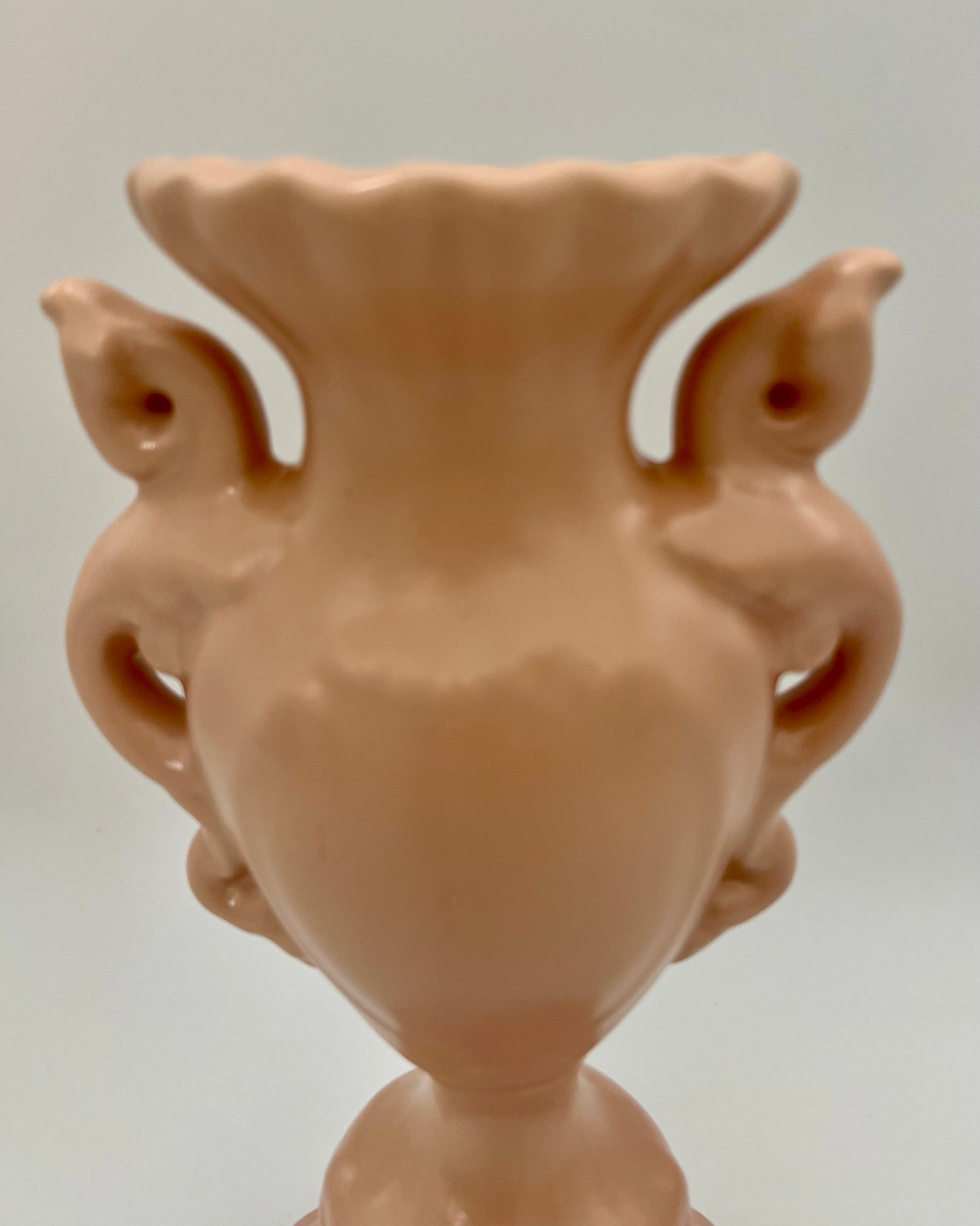 RUMRILL ART POTTERY VASE WITH BIRD HANDLES – 15″ PINK SATIN GLAZE