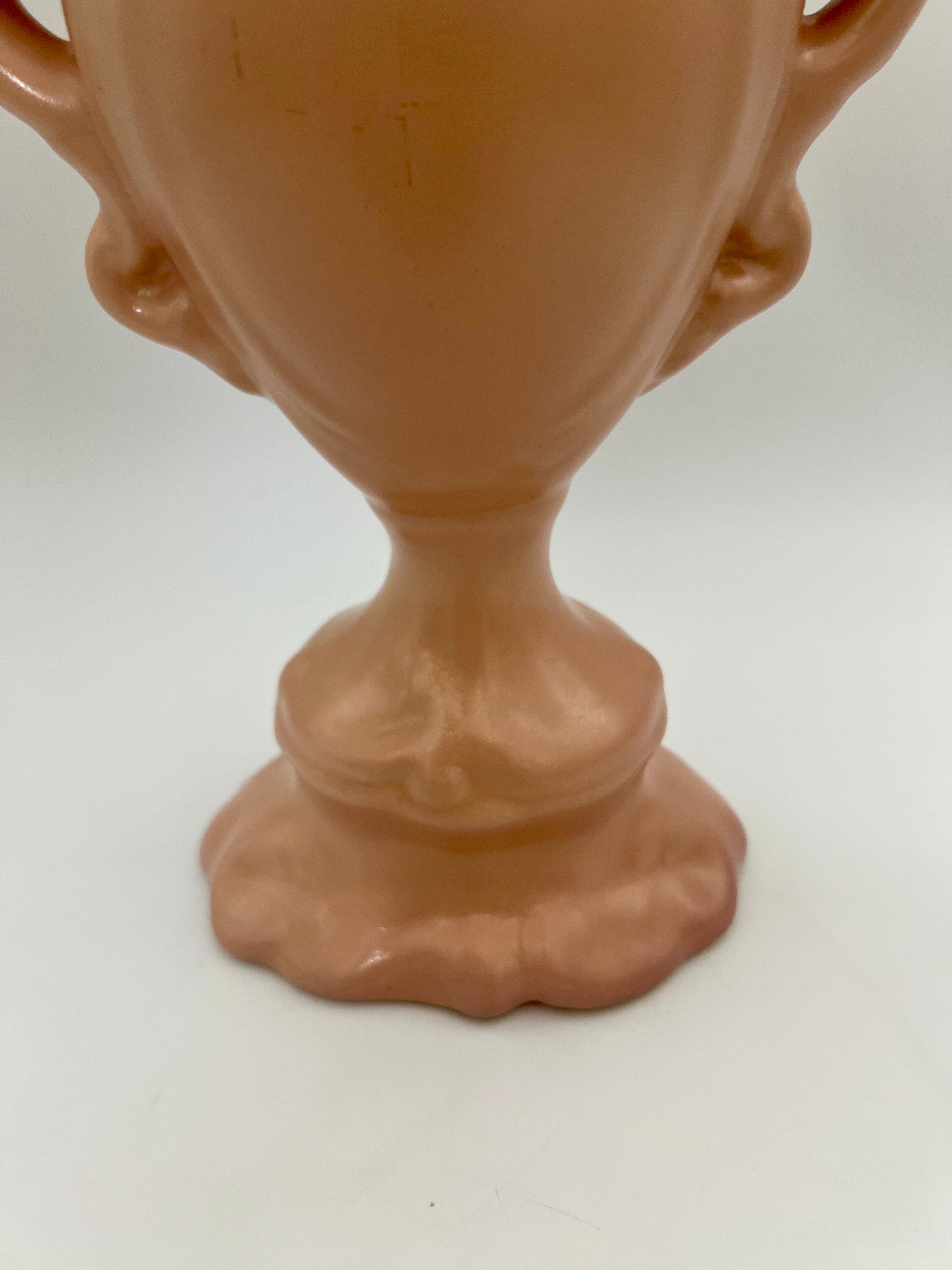 RUMRILL ART POTTERY VASE WITH BIRD HANDLES – 15″ PINK SATIN GLAZE