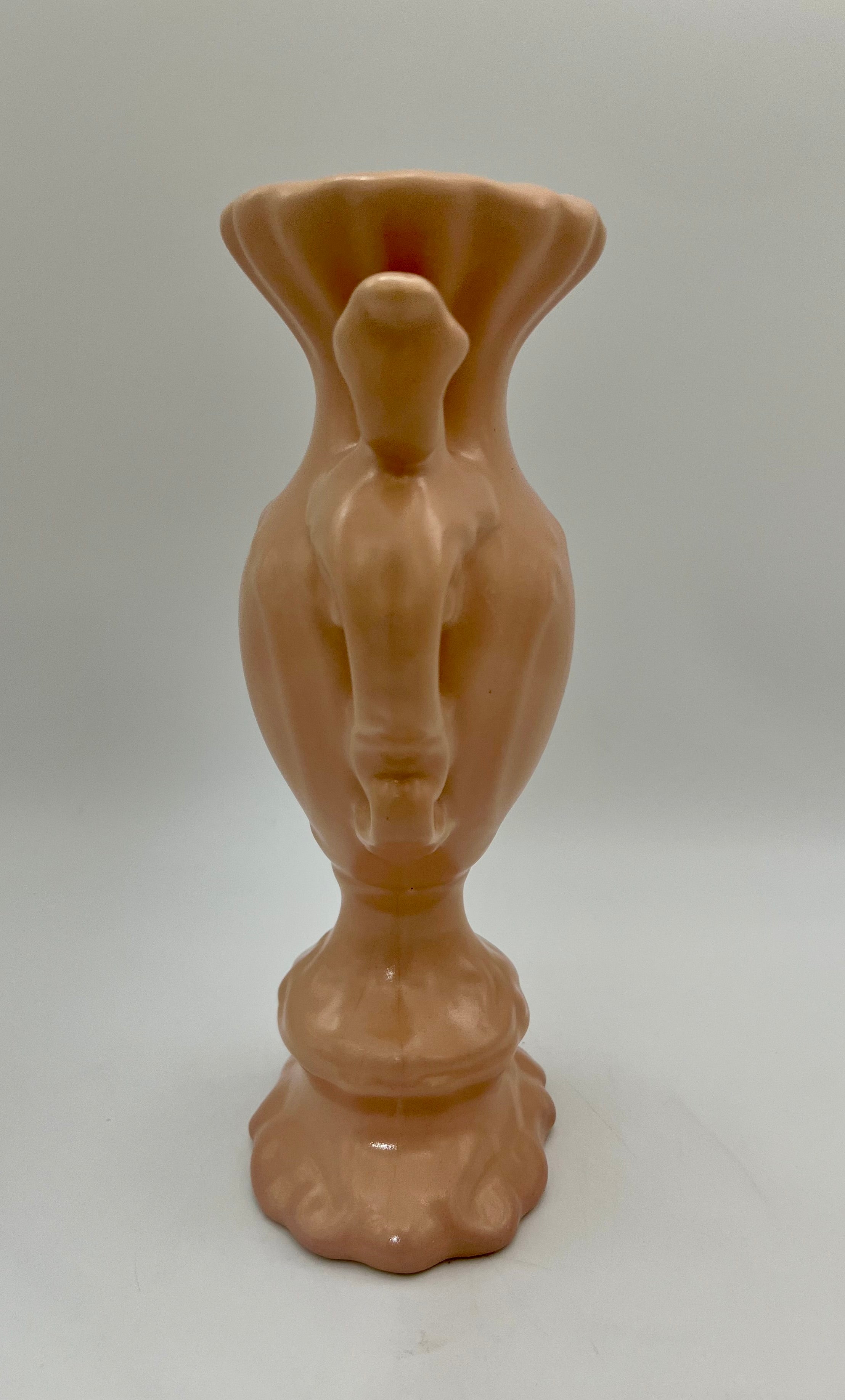 RUMRILL ART POTTERY VASE WITH BIRD HANDLES – 15″ PINK SATIN GLAZE