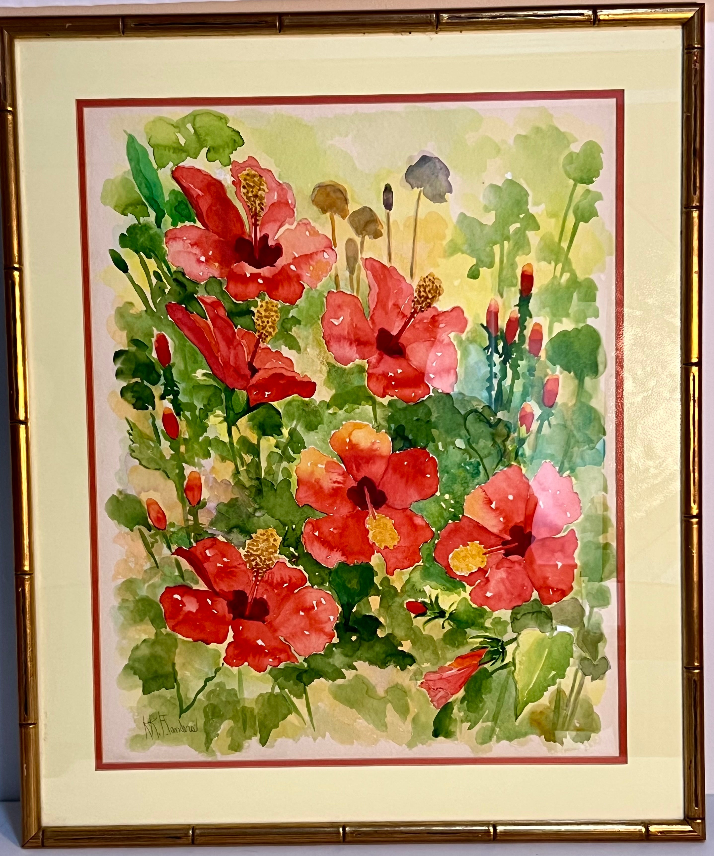 ORIGINAL SIGNED WATERCOLOR HIBISCUS FLORAL PAINTING BY K. K. FLANDERS, 1987 – FRAMED
