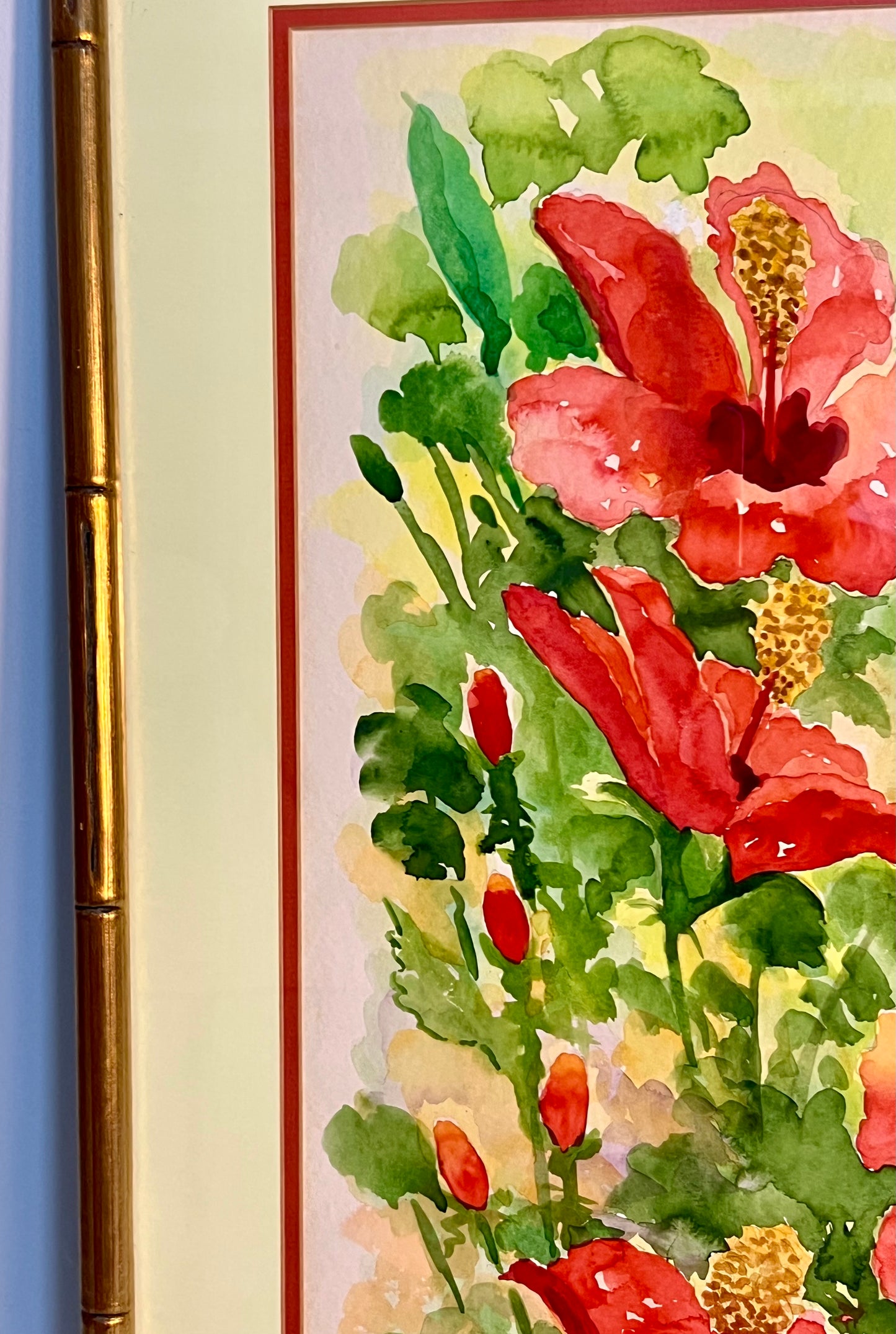 GOLD BAMBOO FRAMED ORIGINAL WATERCOLOR PAINTING BY K.K. FLANDERS, 1987