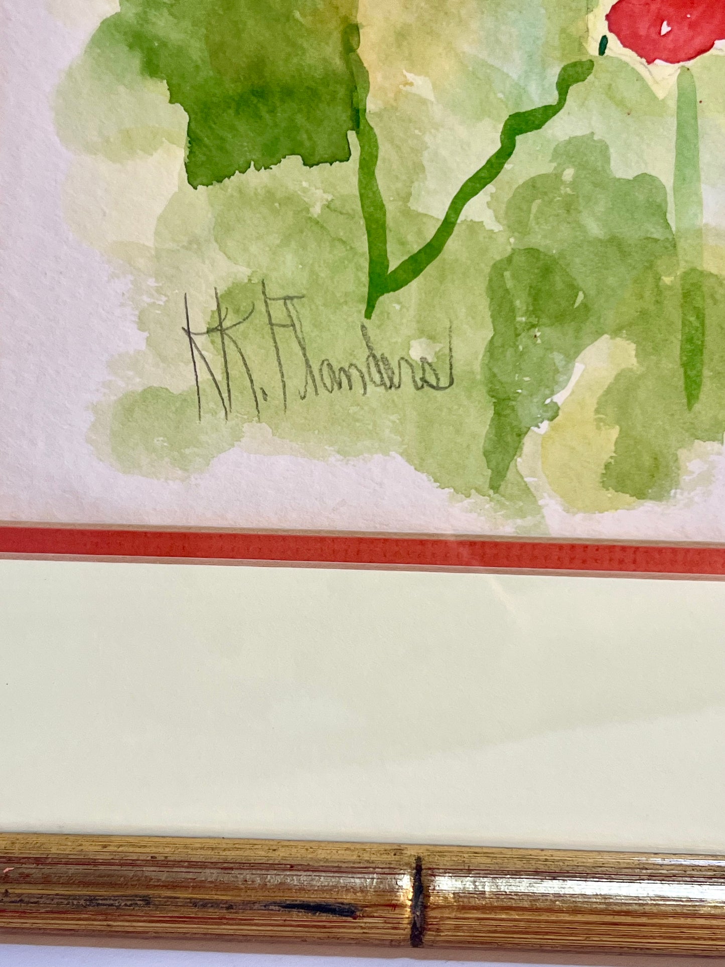 GOLD BAMBOO FRAMED ORIGINAL WATERCOLOR PAINTING BY K.K. FLANDERS, 1987
