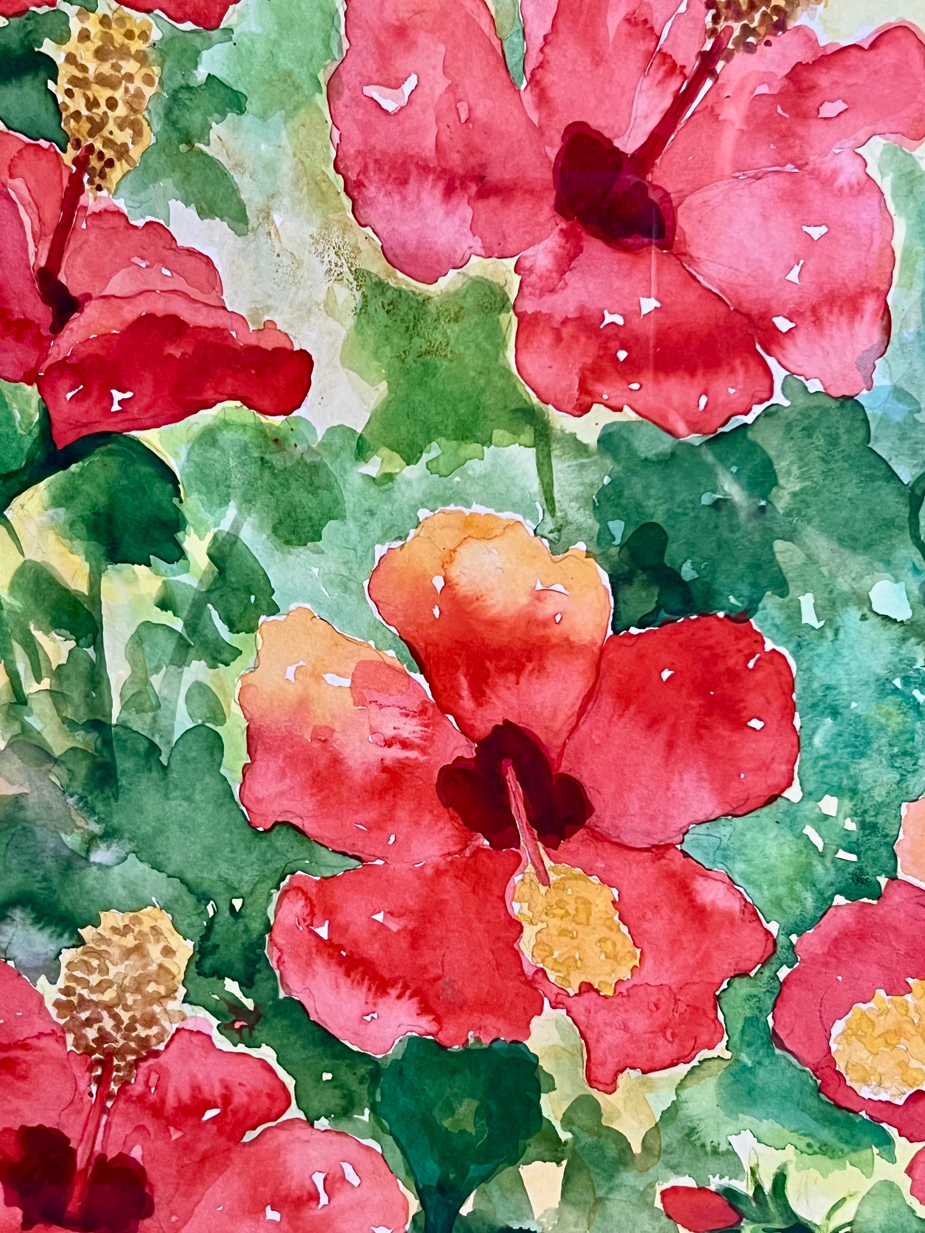 ORIGINAL SIGNED WATERCOLOR HIBISCUS FLORAL PAINTING BY K. K. FLANDERS, 1987 – FRAMED