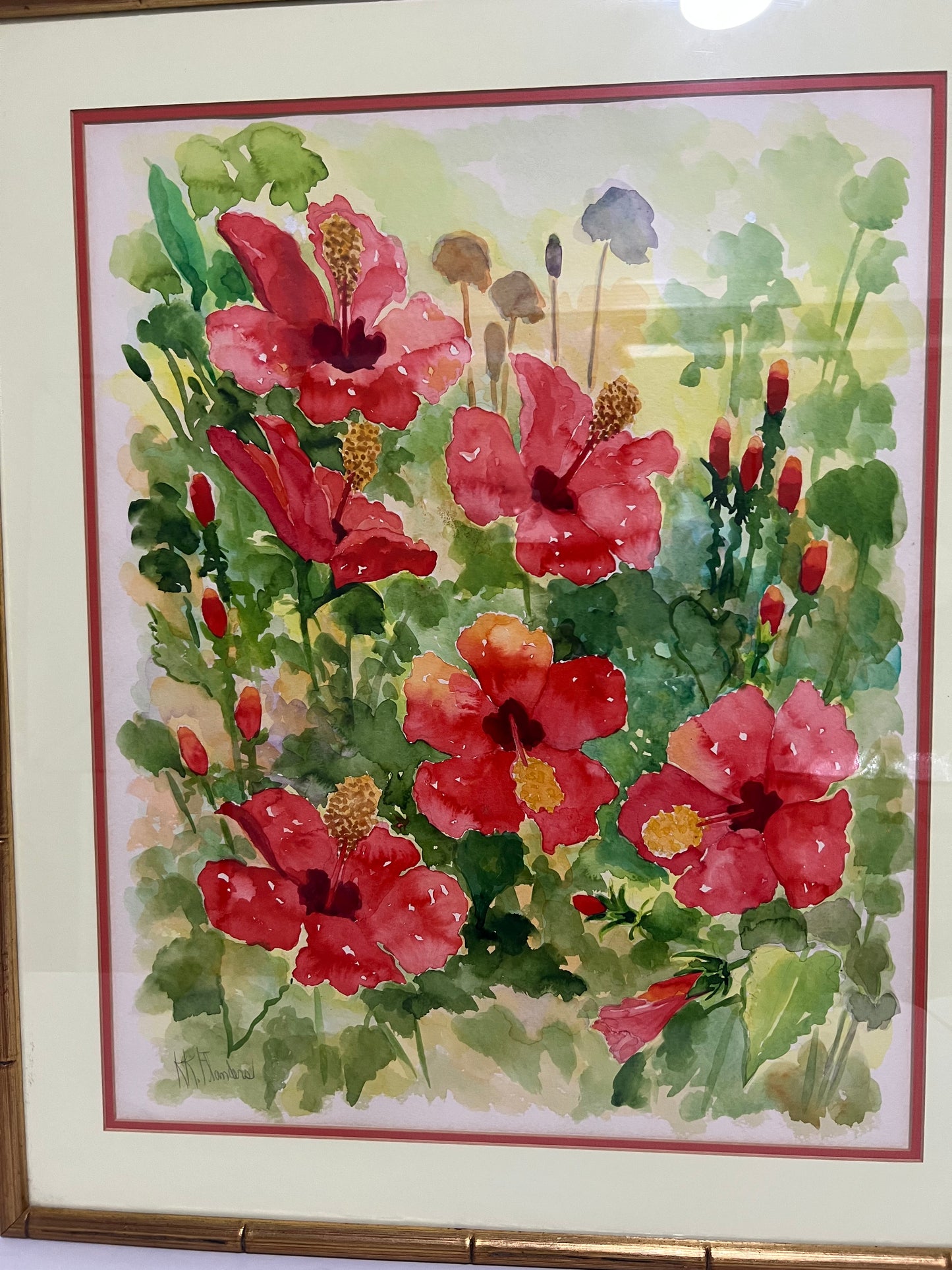 GOLD BAMBOO FRAMED ORIGINAL WATERCOLOR PAINTING BY K.K. FLANDERS, 1987