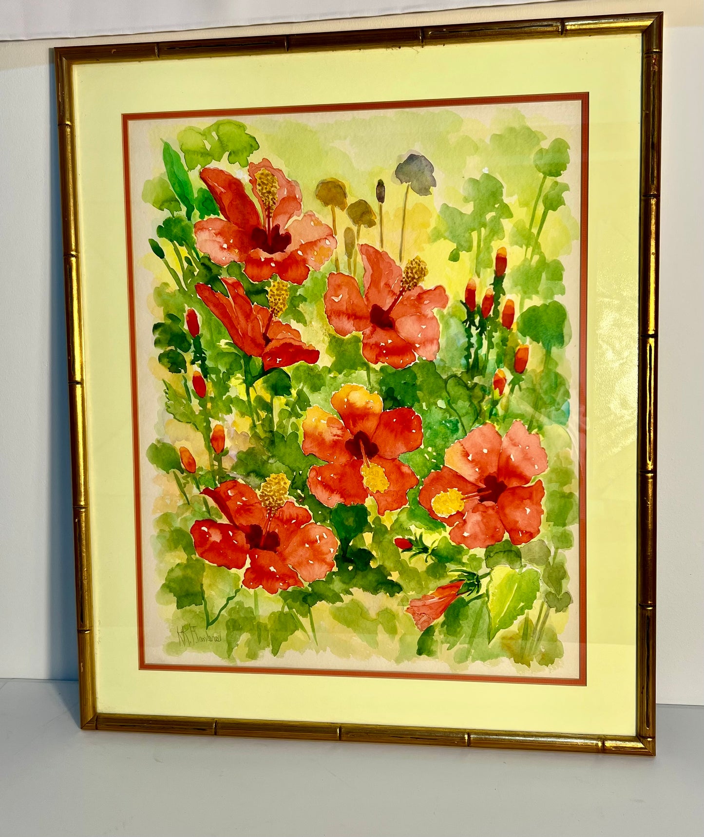 GOLD BAMBOO FRAMED ORIGINAL WATERCOLOR PAINTING BY K.K. FLANDERS, 1987