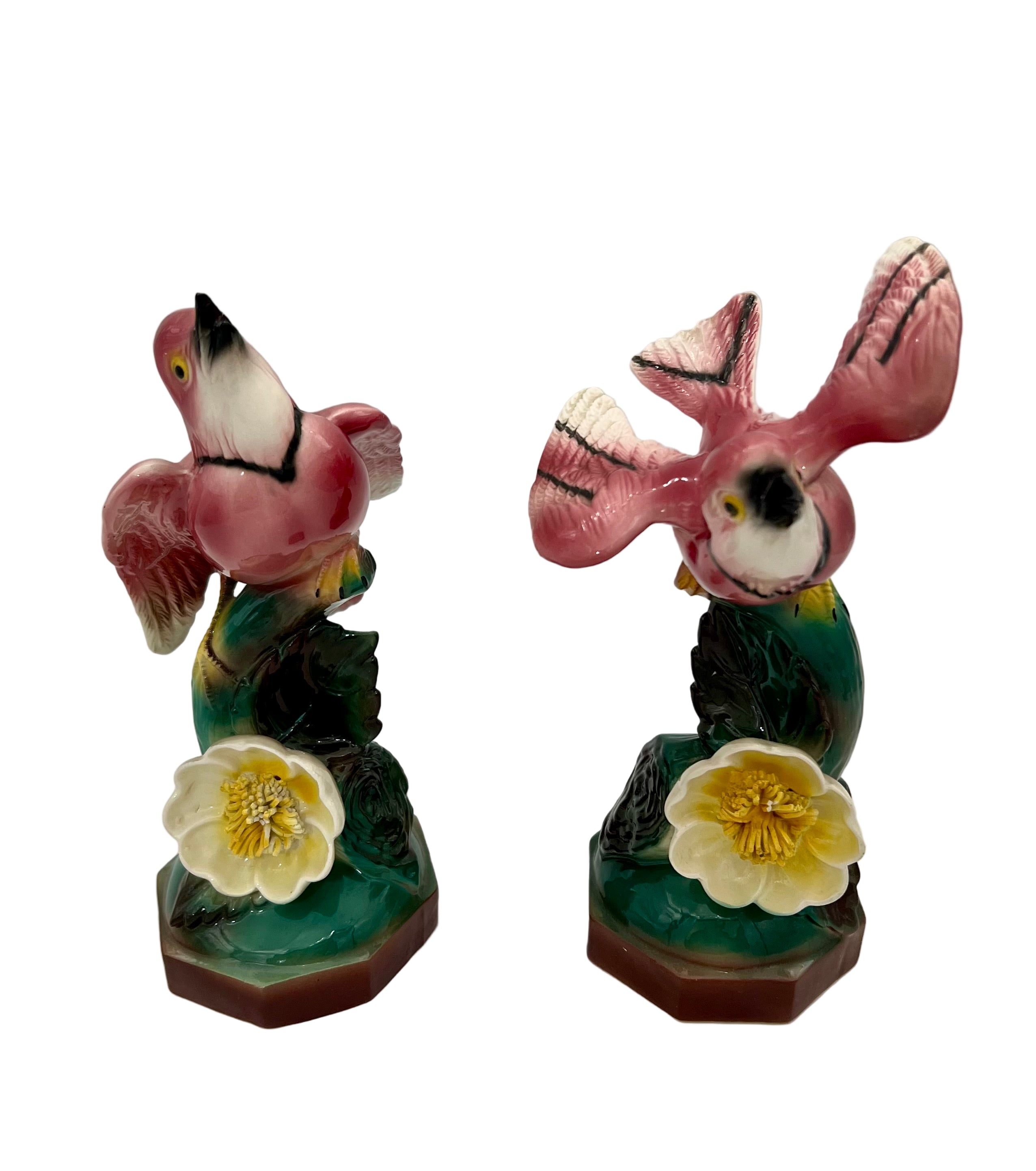EARLY 20TH CENTURY MAJOLICA-STYLE PINK BIRD FIGURINES PAIR | VICTORIAN REVIVAL DECORATIVE CERAMICS | CIRCA 1910–1940