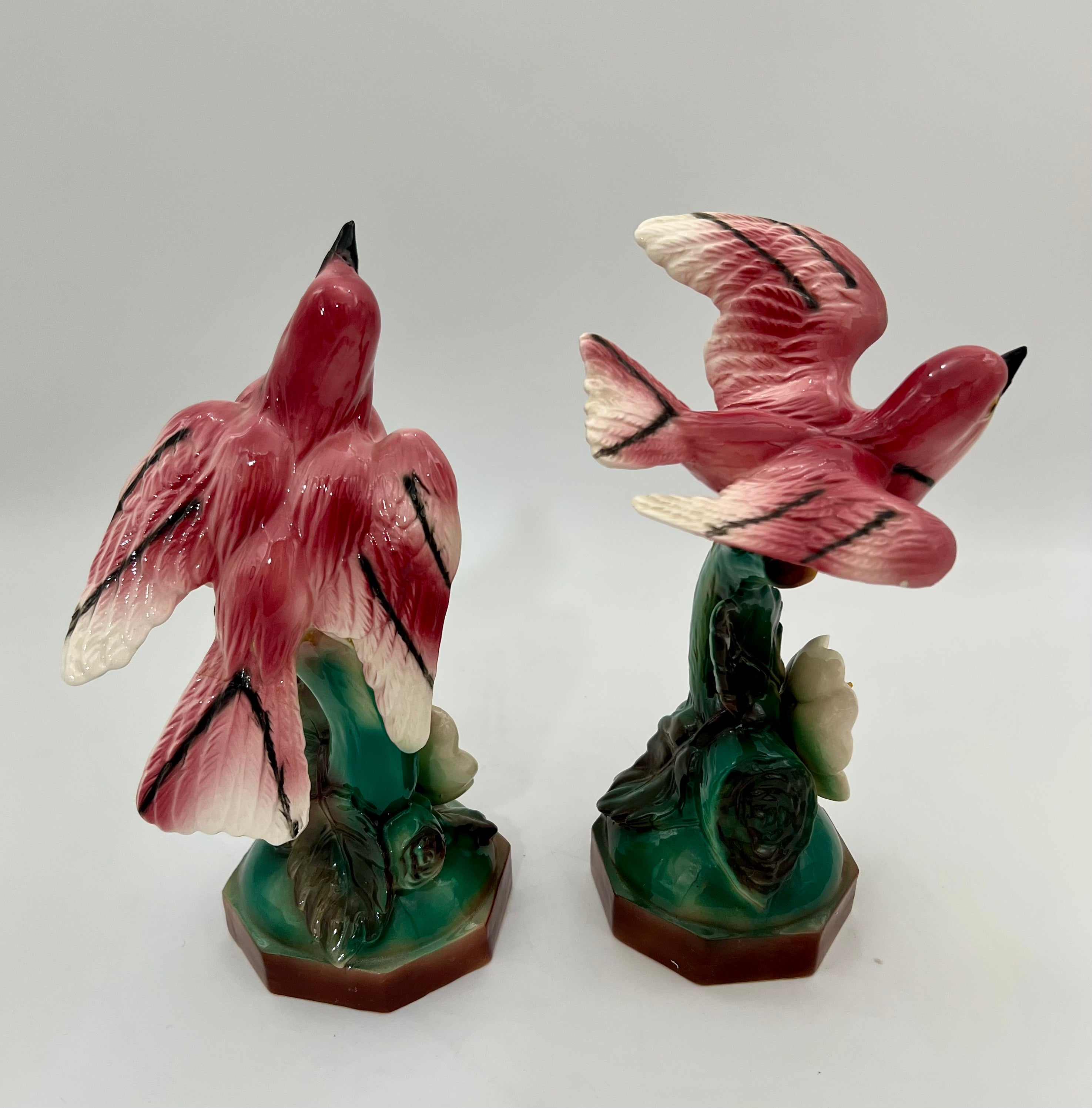 EARLY 20TH CENTURY MAJOLICA-STYLE PINK BIRD FIGURINES PAIR | VICTORIAN REVIVAL DECORATIVE CERAMICS | CIRCA 1910–1940
