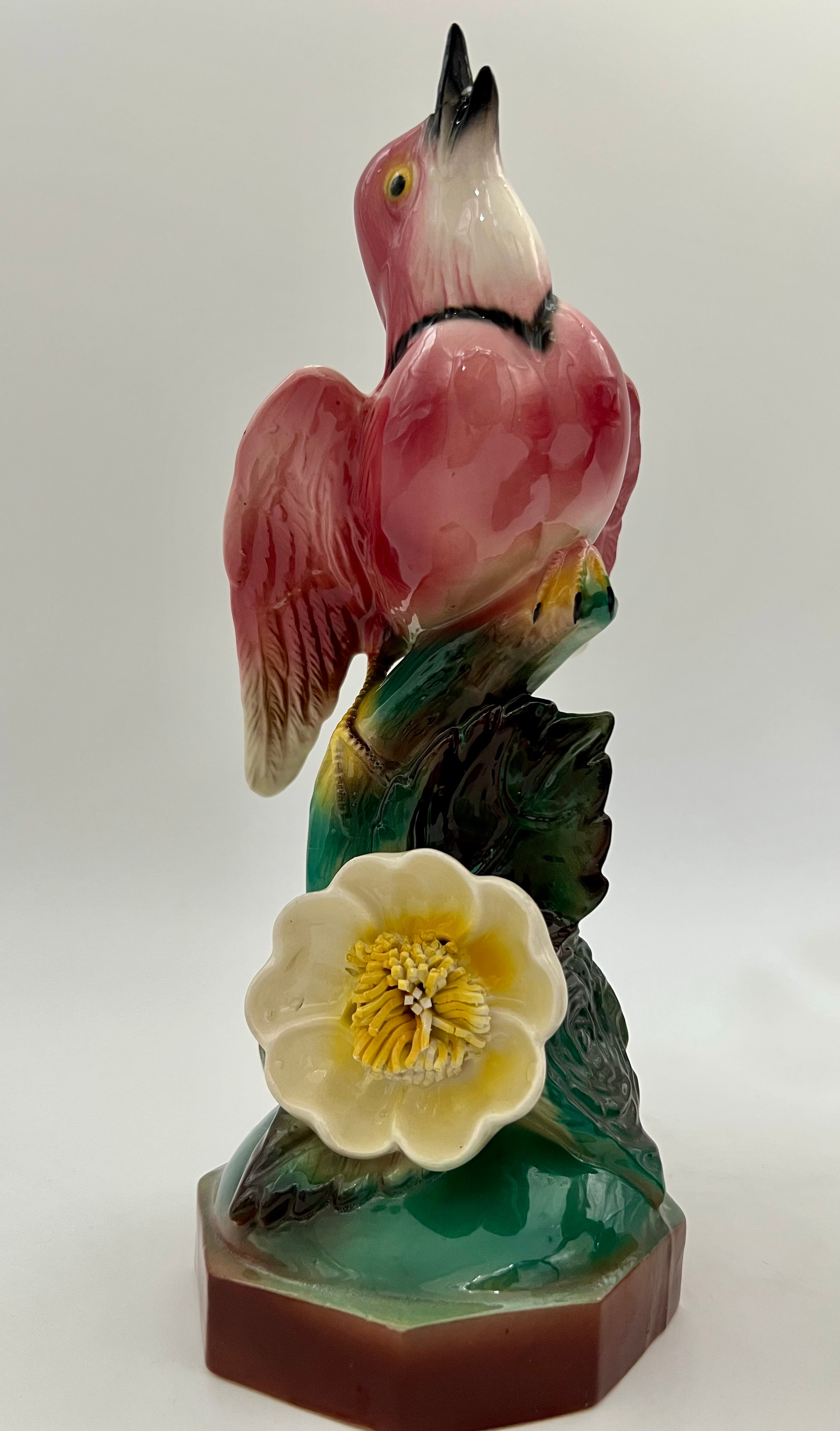 EARLY 20TH CENTURY MAJOLICA-STYLE PINK BIRD FIGURINES PAIR | VICTORIAN REVIVAL DECORATIVE CERAMICS | CIRCA 1910–1940