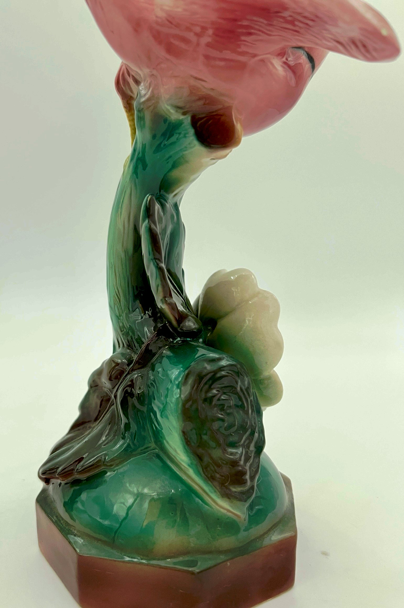 EARLY 20TH CENTURY MAJOLICA-STYLE PINK BIRD FIGURINES PAIR | VICTORIAN REVIVAL DECORATIVE CERAMICS | CIRCA 1910–1940