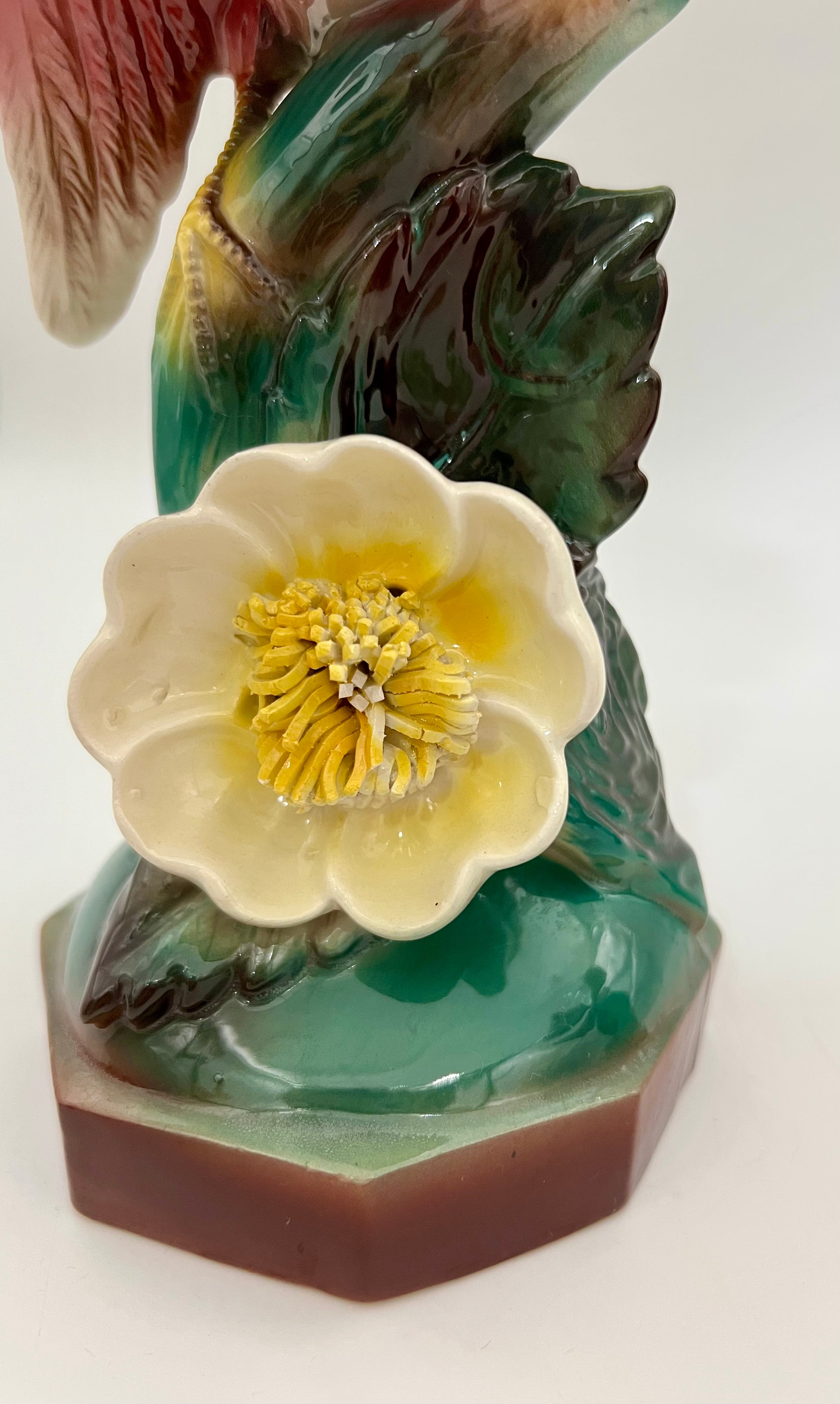 EARLY 20TH CENTURY MAJOLICA-STYLE PINK BIRD FIGURINES PAIR | VICTORIAN REVIVAL DECORATIVE CERAMICS | CIRCA 1910–1940