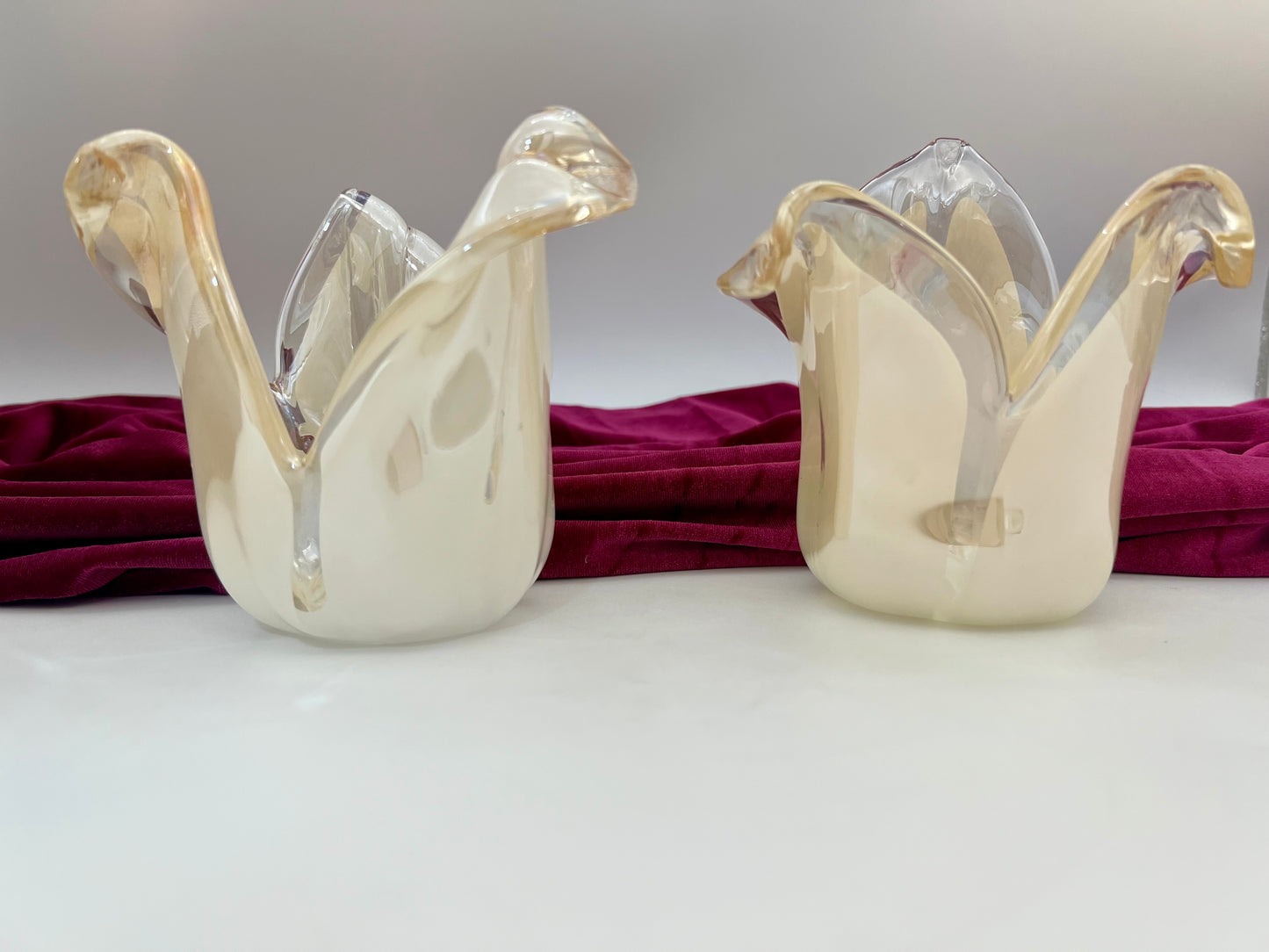 PAIR OF IVORY MURANO ART GLASS CANDLEHOLDERS/VASES, ITALY CIRCA 1980s