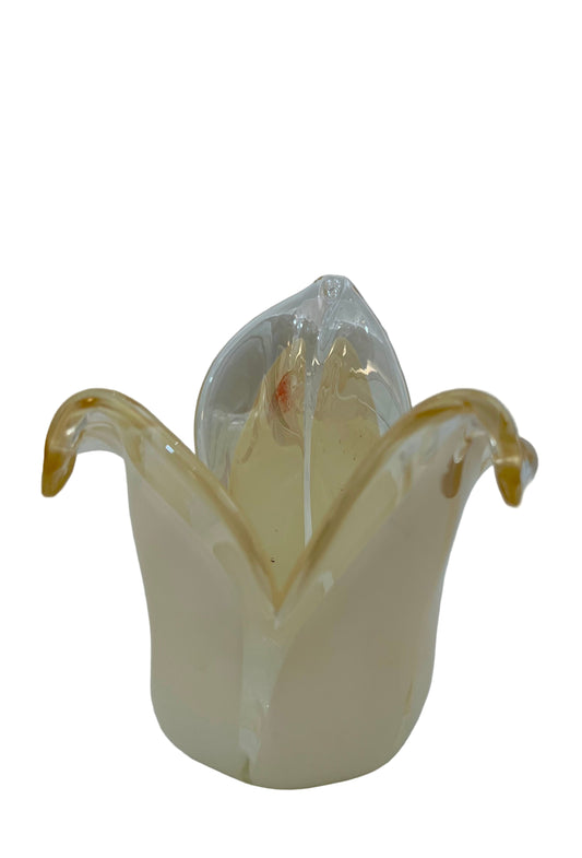 PAIR OF IVORY MURANO ART GLASS CANDLEHOLDERS/VASES, ITALY CIRCA 1980s
