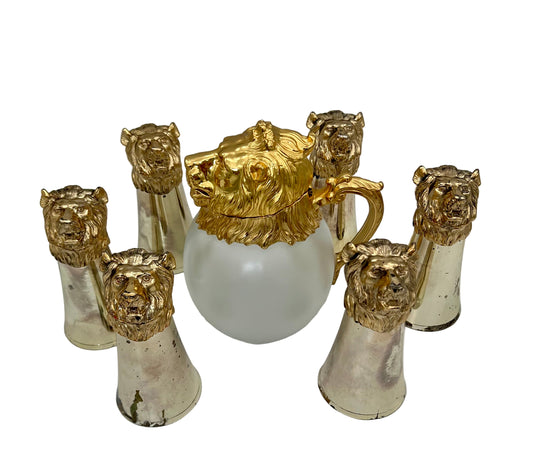 CAROLE STUPELL MID-CENTURY LION HEAD PITCHER AND STIRRUP CUPS, RARE SET OF 7