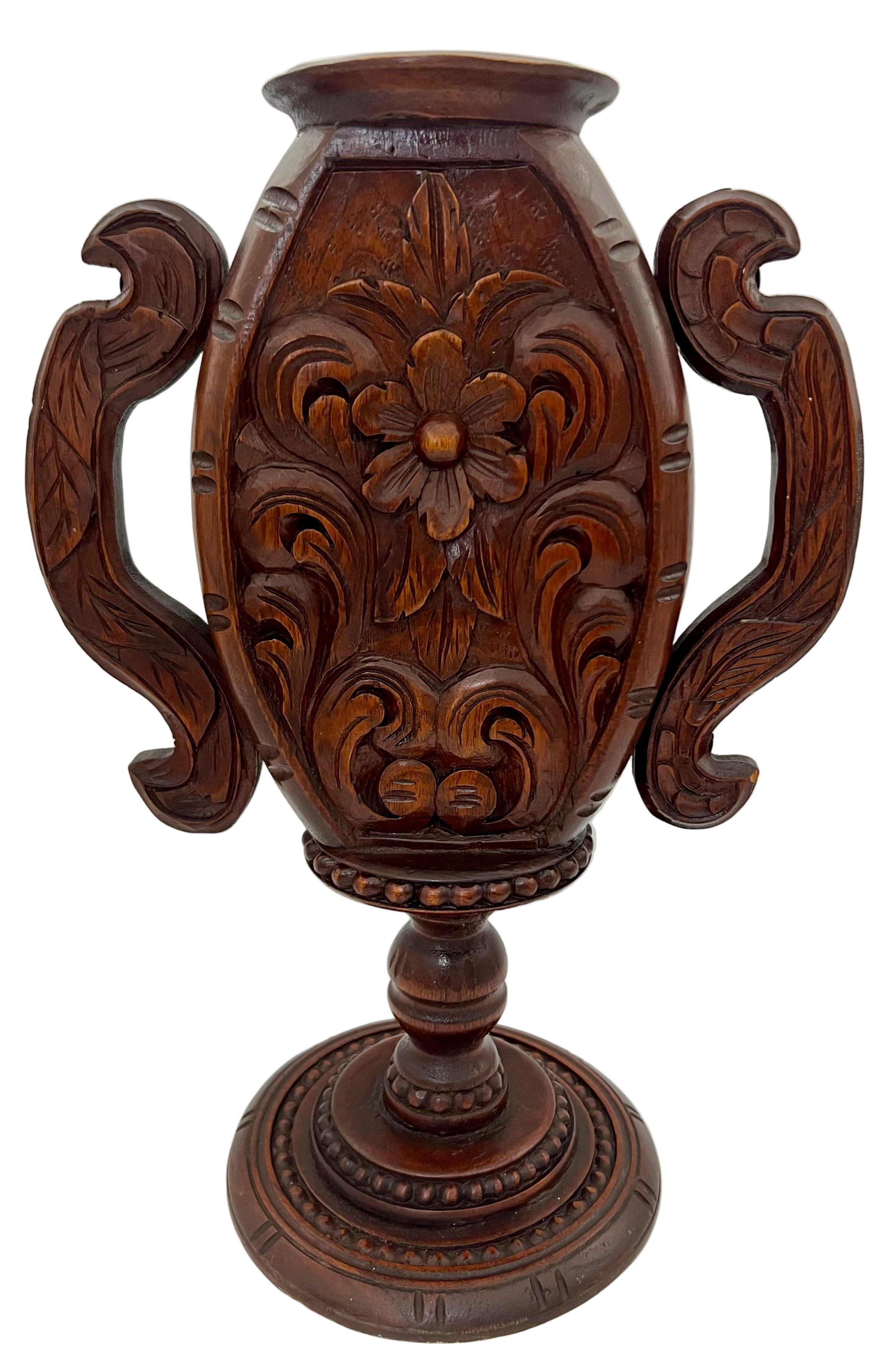 ANTIQUE KASHMIRI HAND CARVED WALNUT URN VASE WITH DOUBLE HANDLES, 19.5” LARGE ANGLO-INDIAN EXPORT, RARE PEDESTAL FORM