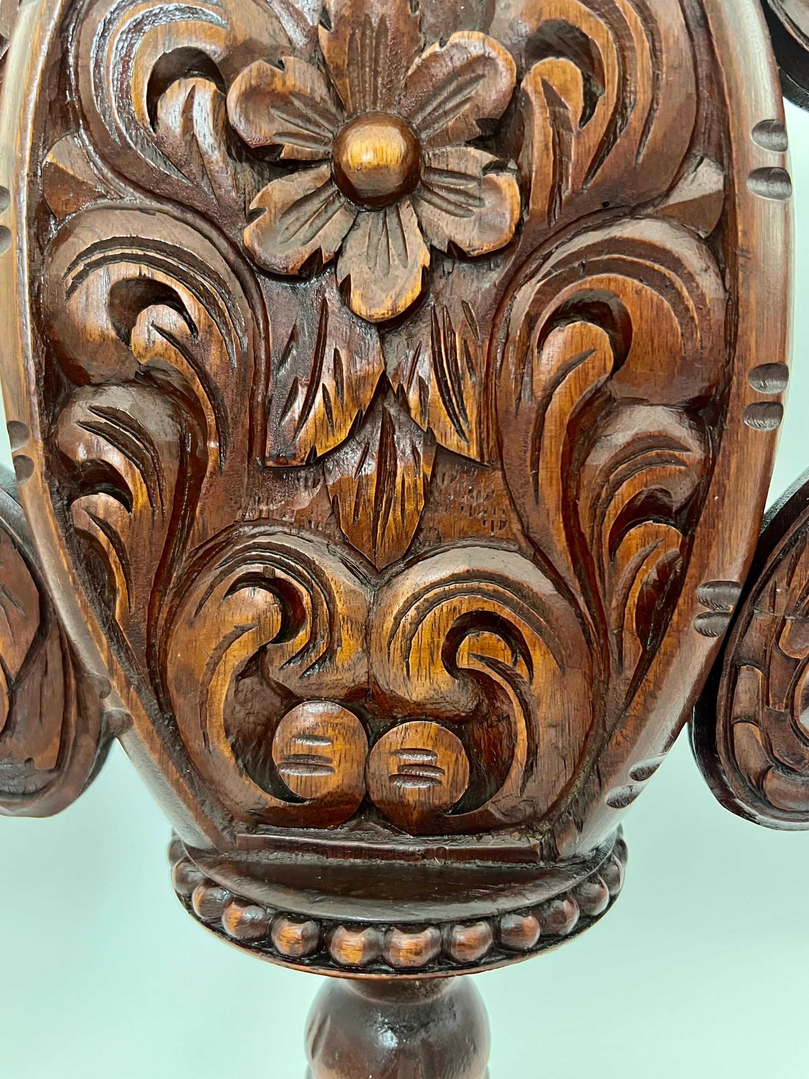 ANTIQUE KASHMIRI HAND CARVED WALNUT URN VASE WITH DOUBLE HANDLES, 19.5” LARGE ANGLO-INDIAN EXPORT, RARE PEDESTAL FORM
