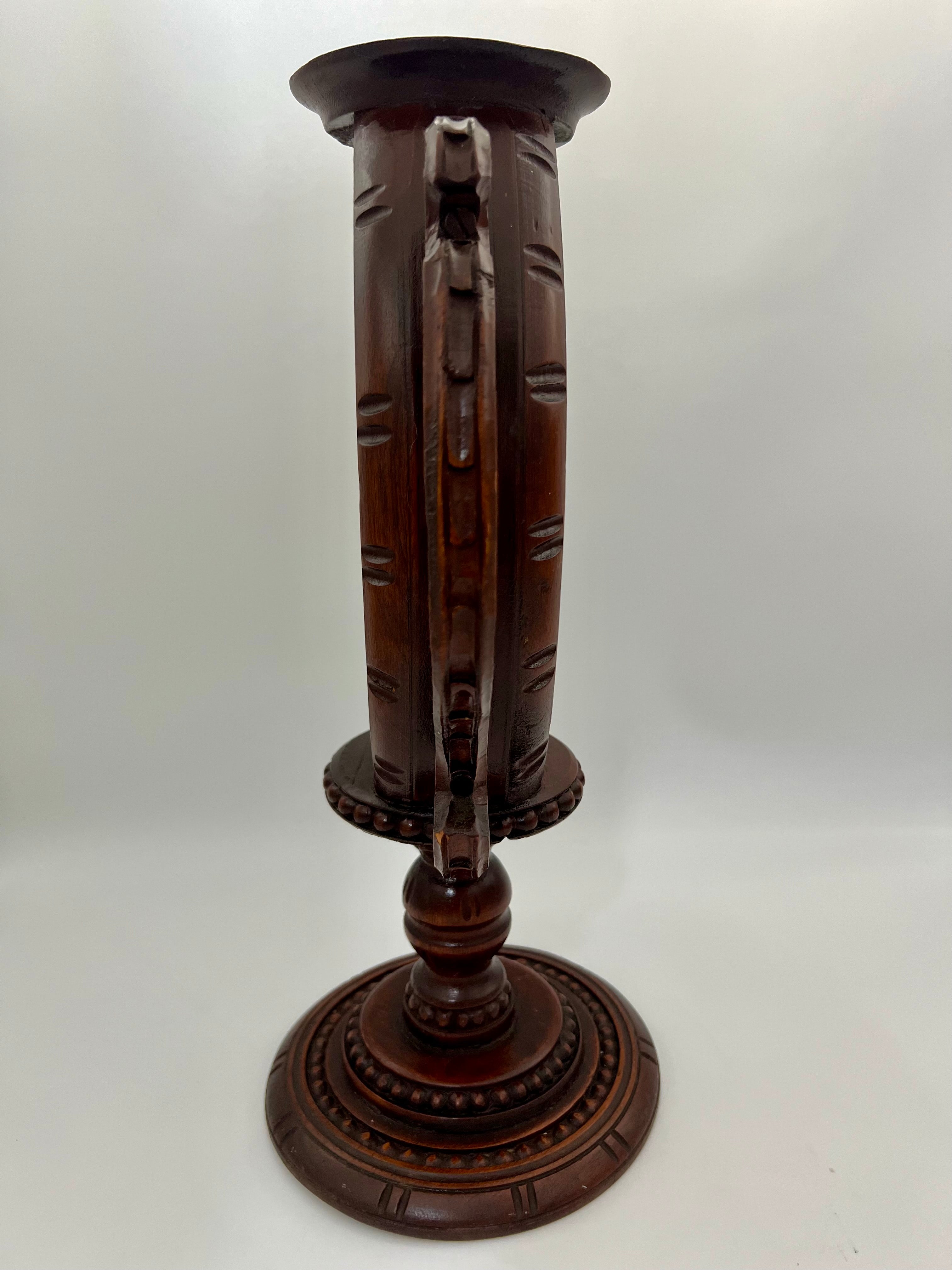 ANTIQUE KASHMIRI HAND CARVED WALNUT URN VASE WITH DOUBLE HANDLES, 19.5” LARGE ANGLO-INDIAN EXPORT, RARE PEDESTAL FORM