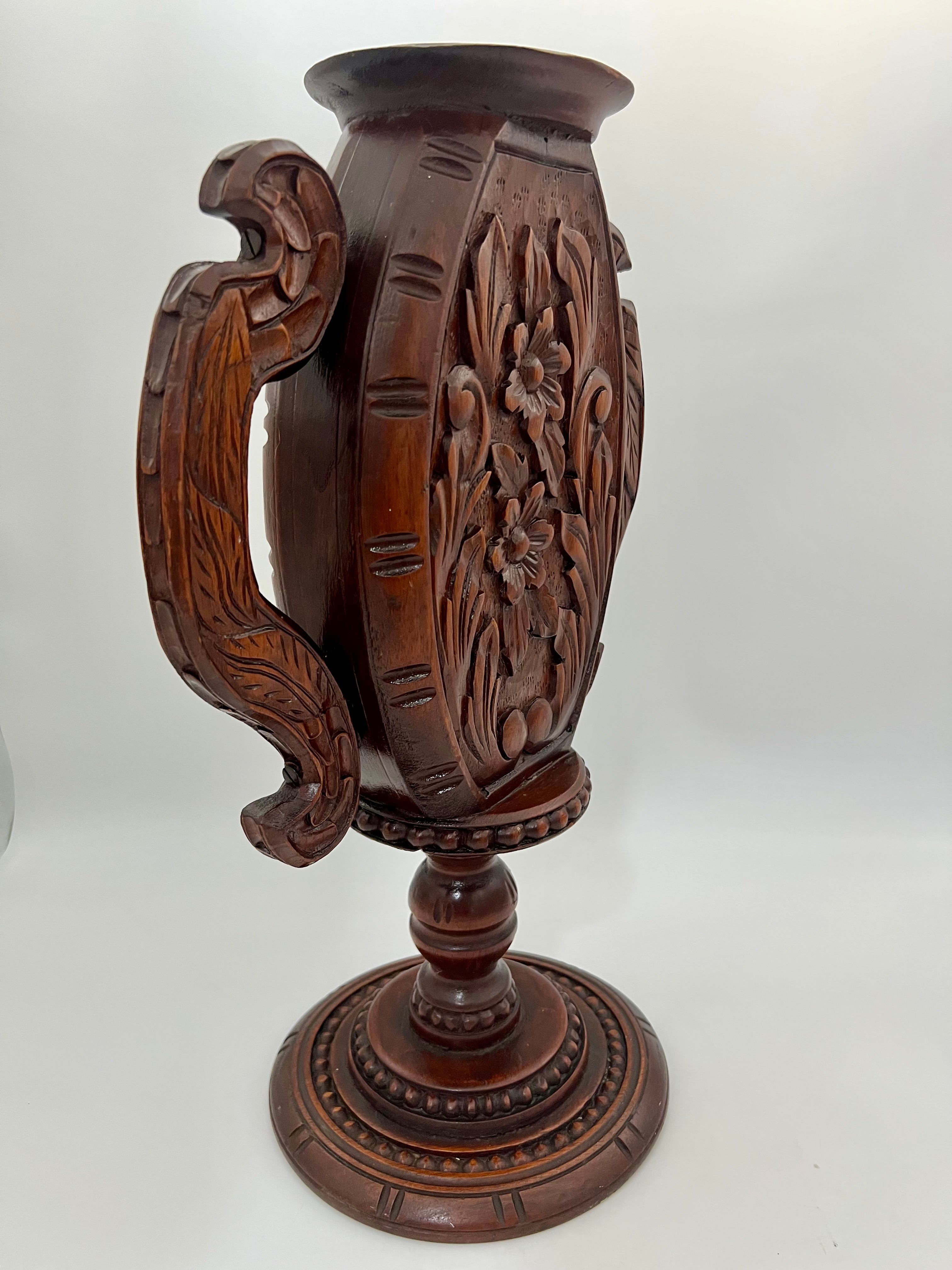 ANTIQUE KASHMIRI HAND CARVED WALNUT URN VASE WITH DOUBLE HANDLES, 19.5” LARGE ANGLO-INDIAN EXPORT, RARE PEDESTAL FORM