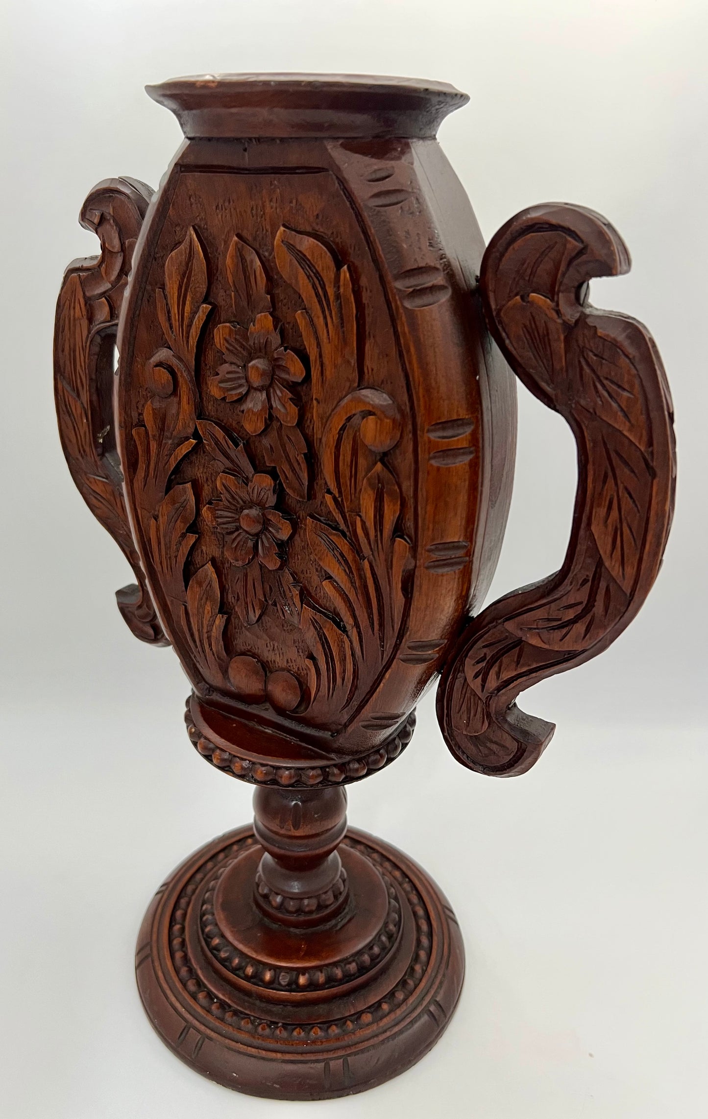 LARGE ANTIQUE CARVED AND VARNISHED WOODEN VASE
