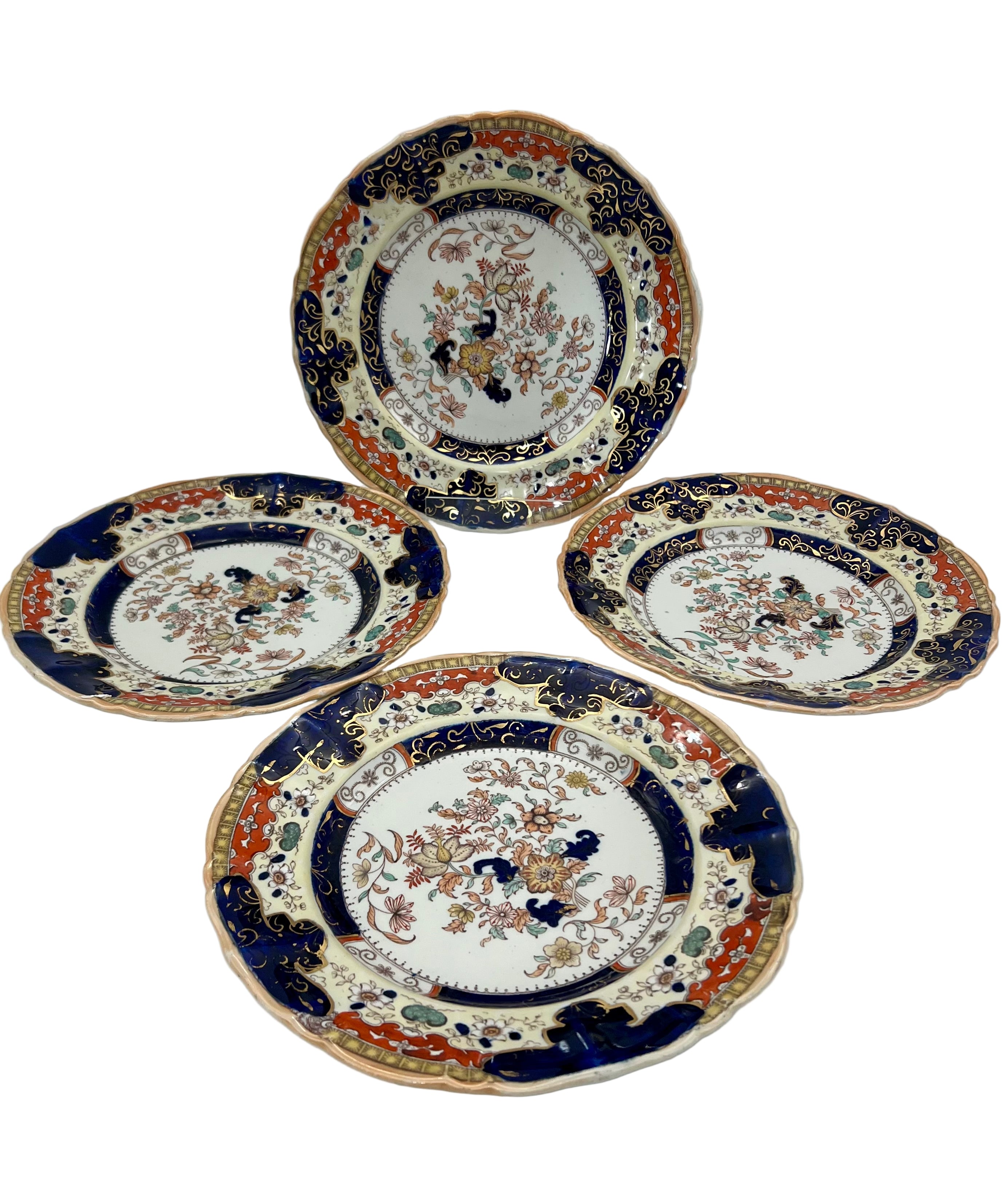 SET OF 4 ANTIQUE MASON’S IRONSTONE IMARI DINNER PLATES 10.5” | MID 19TH CENTURY ENGLISH CHINOISERIE