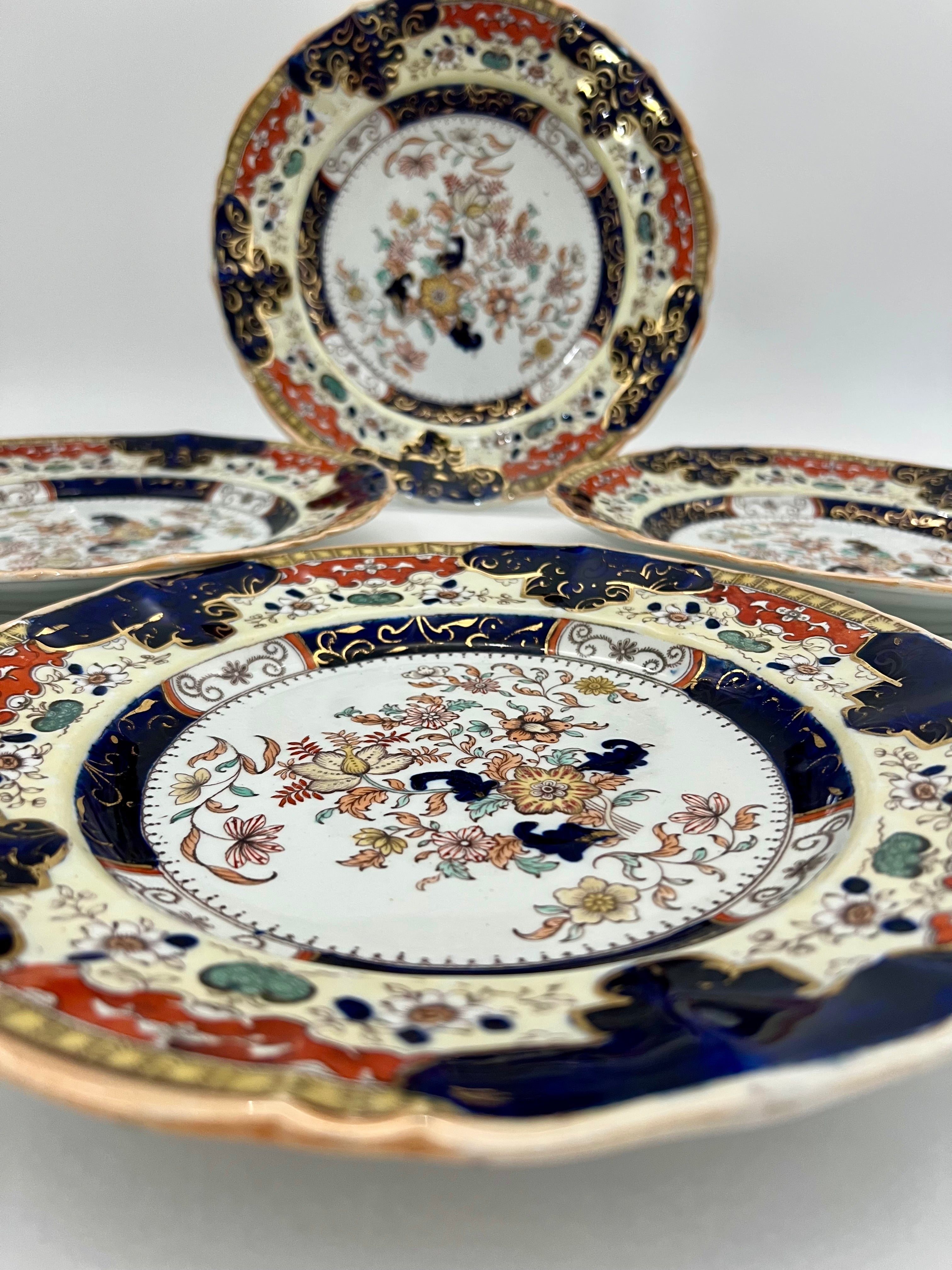 SET OF 4 ANTIQUE MASON’S IRONSTONE IMARI DINNER PLATES 10.5” | MID 19TH CENTURY ENGLISH CHINOISERIE