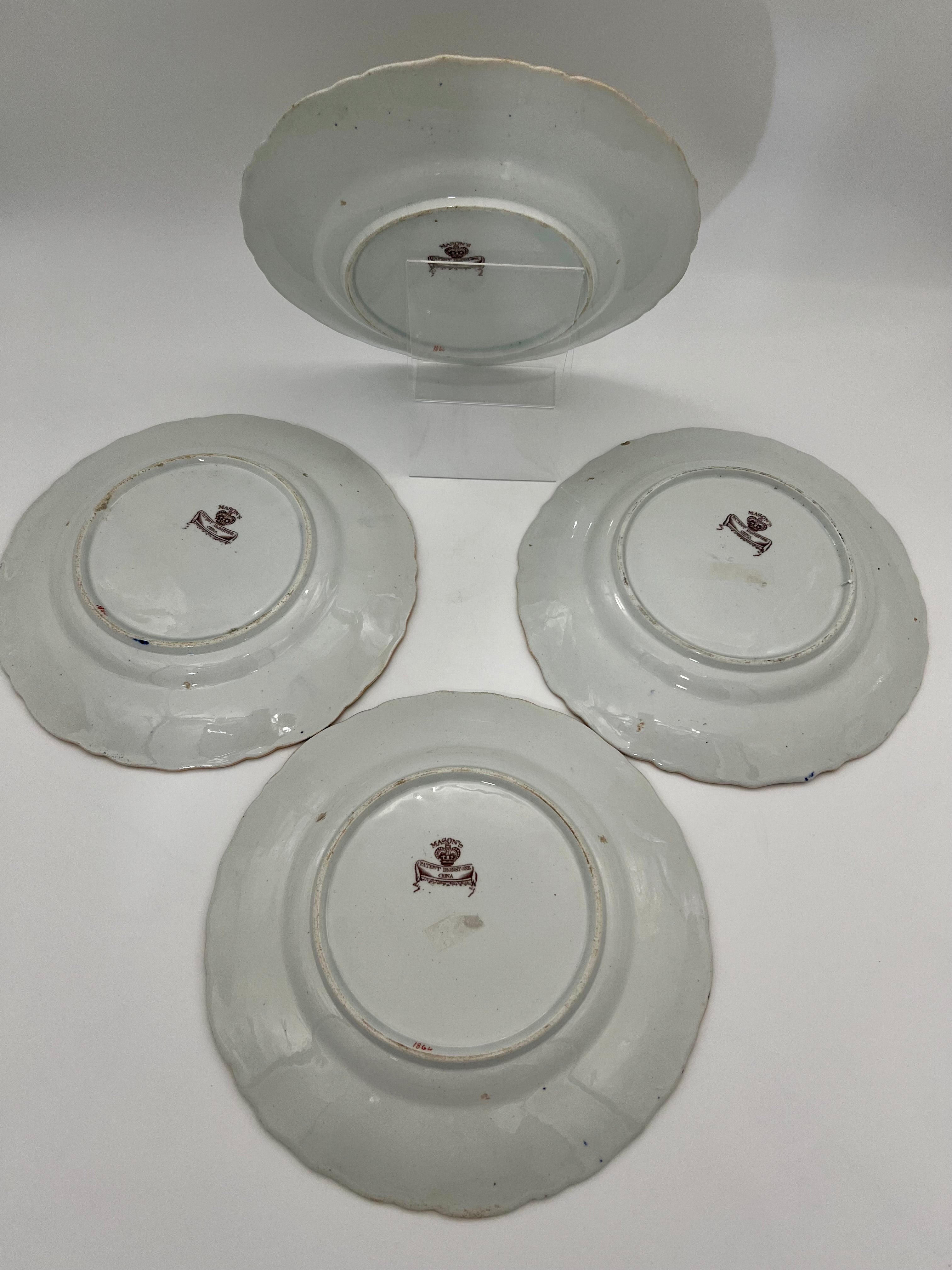 SET OF 4 ANTIQUE MASON’S IRONSTONE IMARI DINNER PLATES 10.5” | MID 19TH CENTURY ENGLISH CHINOISERIE