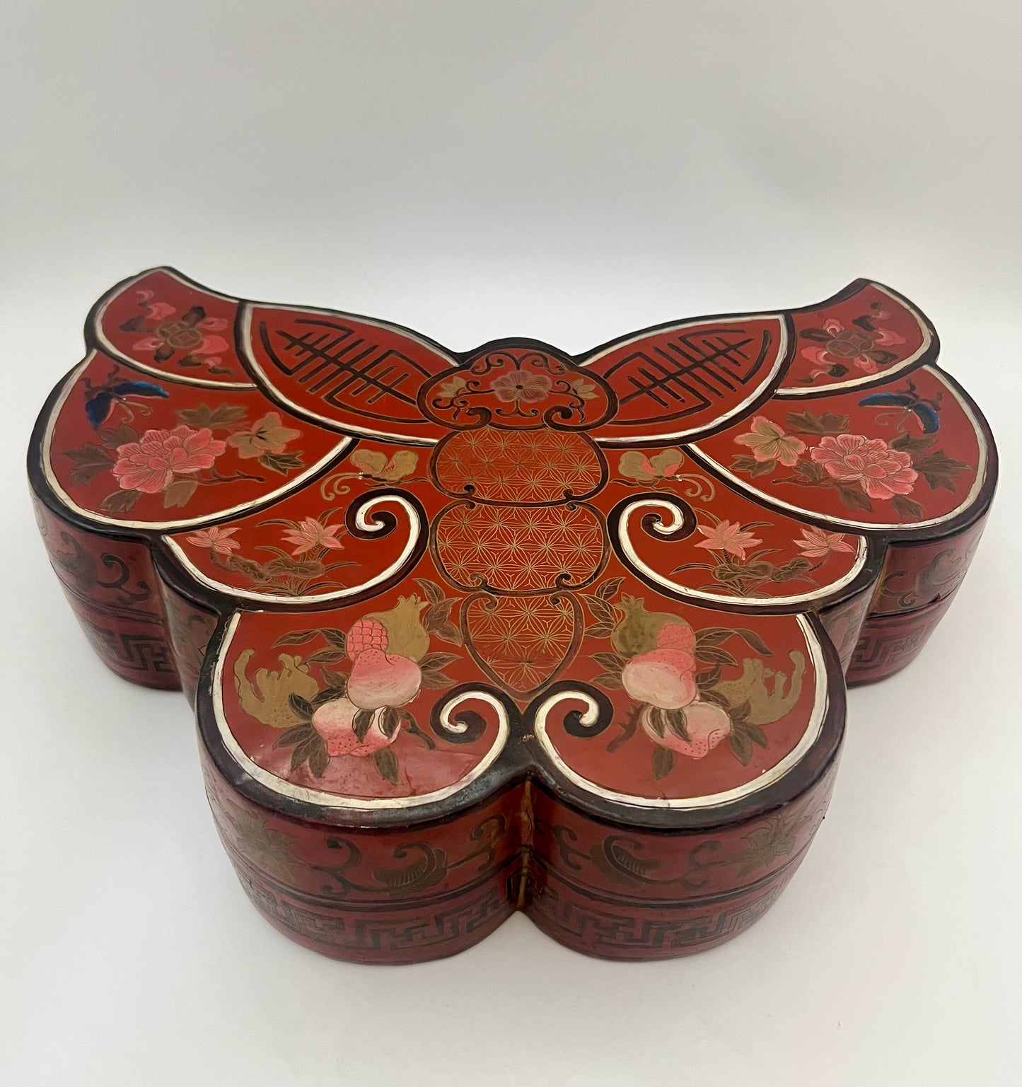 LARGE ANTIQUE CHINESE RED LACQUER SILK MOTH SHAPED STORAGE BOX