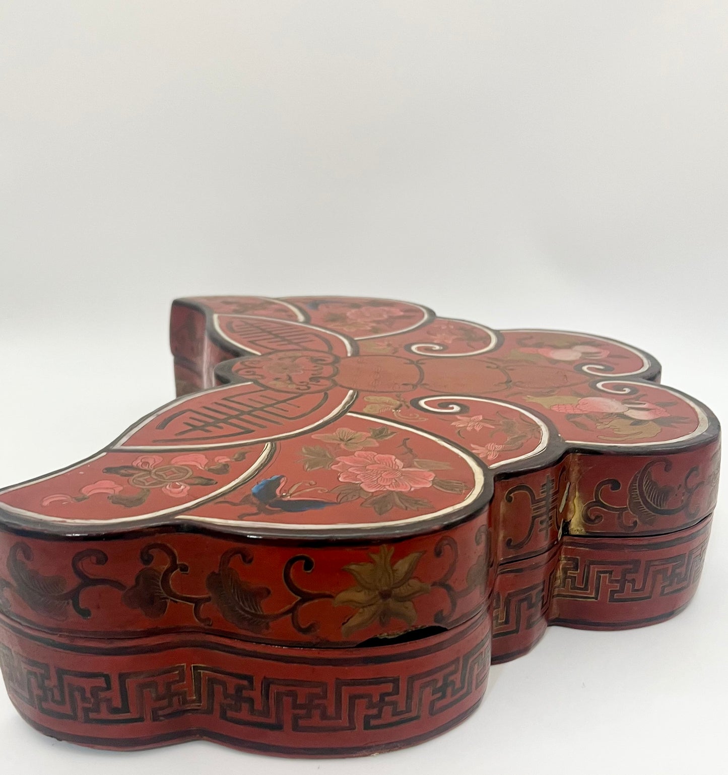 LARGE ANTIQUE CHINESE RED LACQUER SILK MOTH SHAPED STORAGE BOX