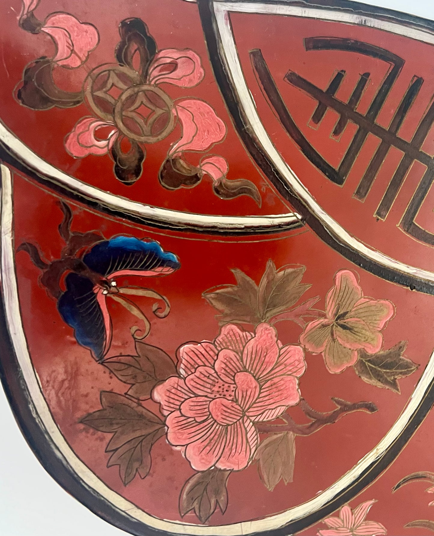 LARGE ANTIQUE CHINESE RED LACQUER SILK MOTH SHAPED STORAGE BOX