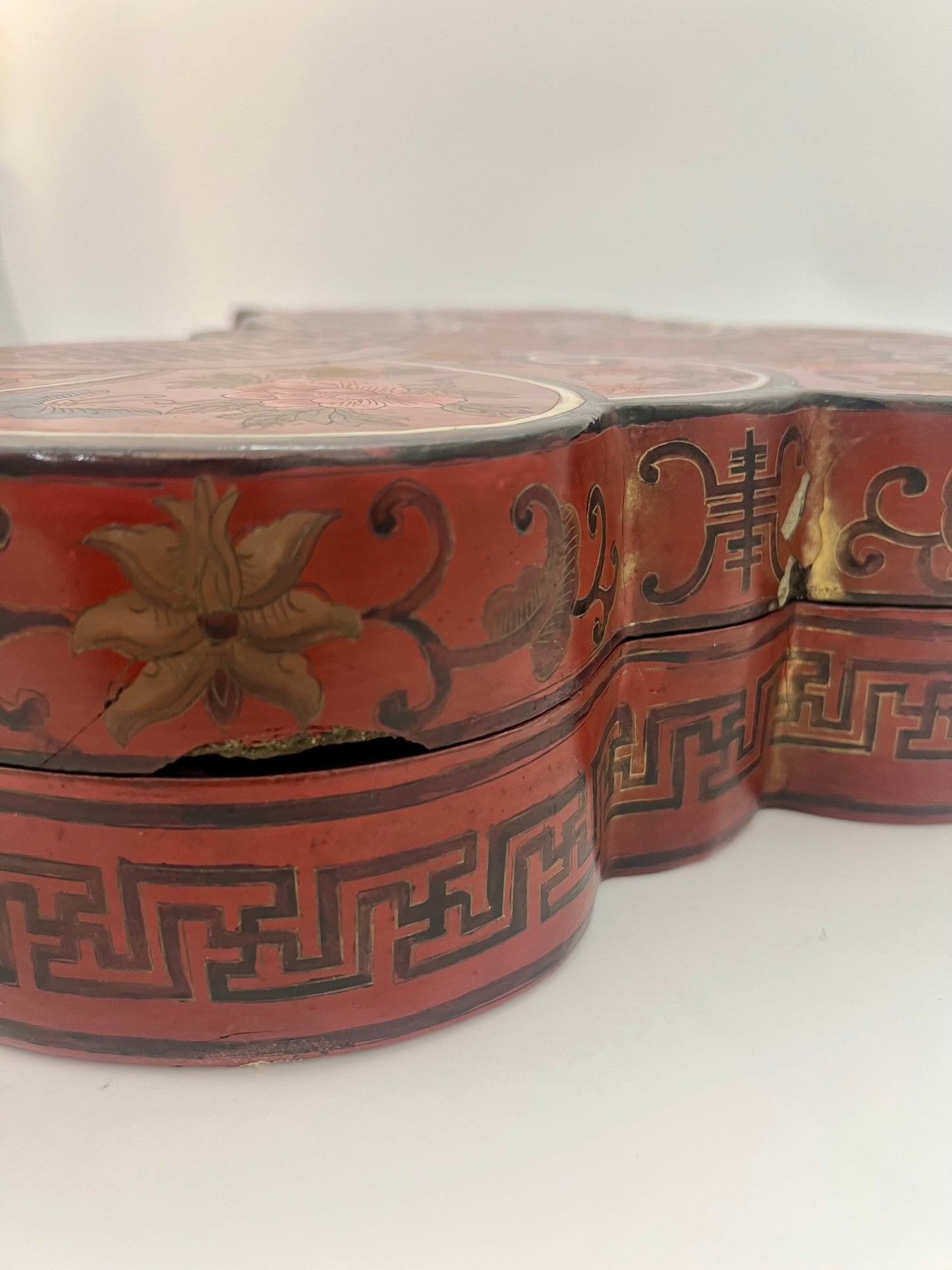 LARGE ANTIQUE CHINESE RED LACQUER SILK MOTH SHAPED STORAGE BOX
