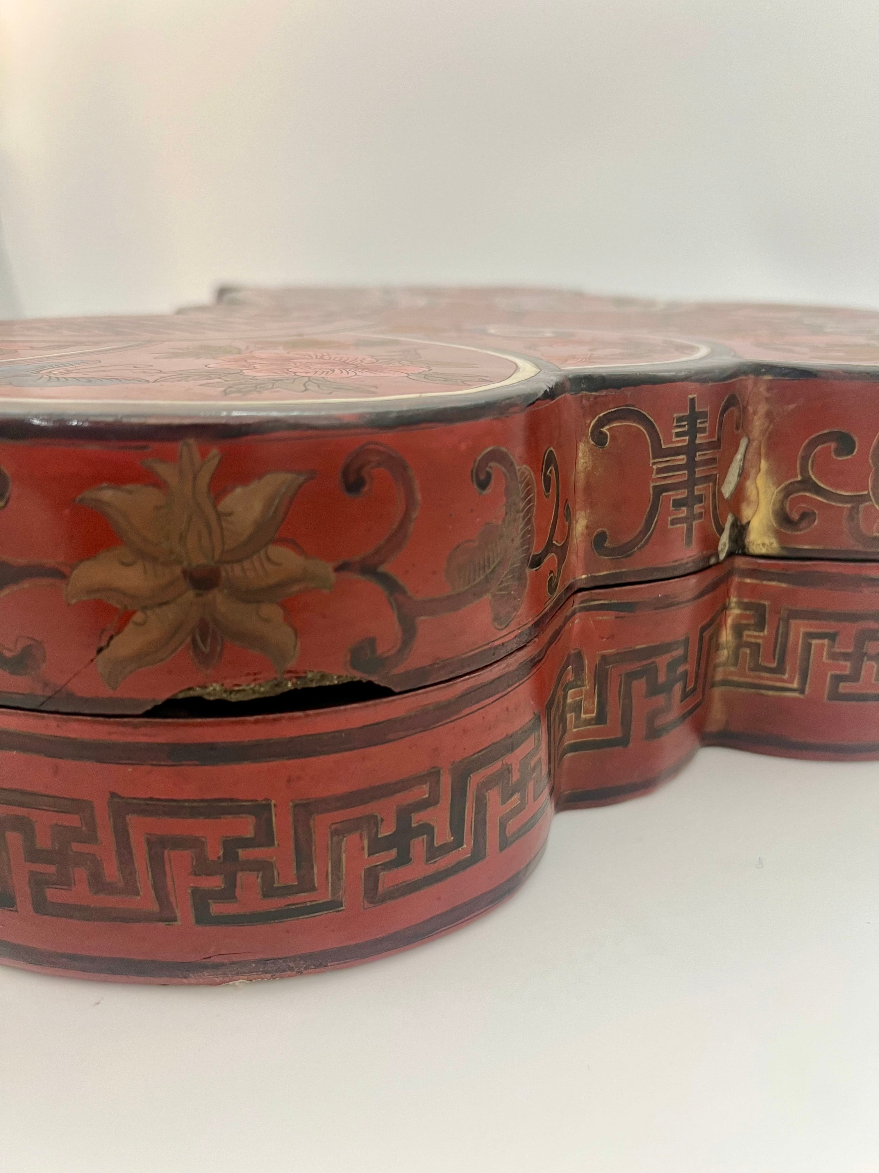 ANTIQUE CHINESE BUTTERFLY FORM RED LACQUER BOX – QING / REPUBLIC PERIOD WEDDING SYMBOLISM