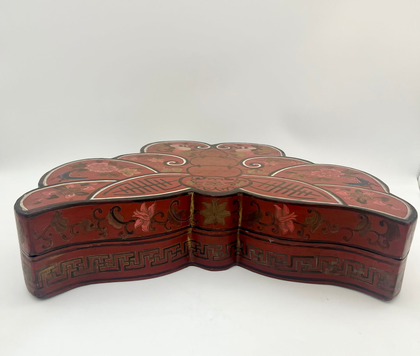 LARGE ANTIQUE CHINESE RED LACQUER SILK MOTH SHAPED STORAGE BOX