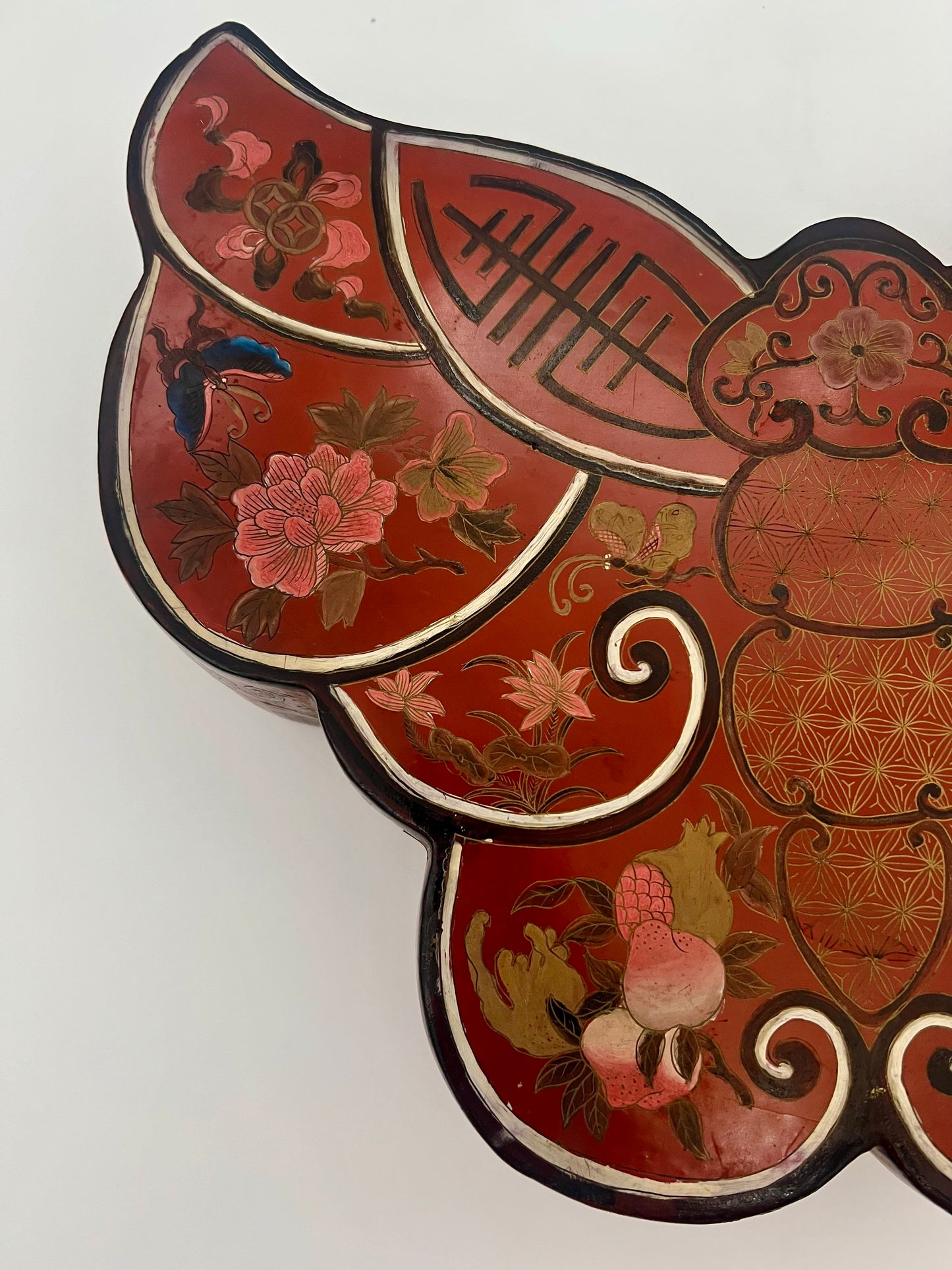 LARGE ANTIQUE CHINESE RED LACQUER SILK MOTH SHAPED STORAGE BOX