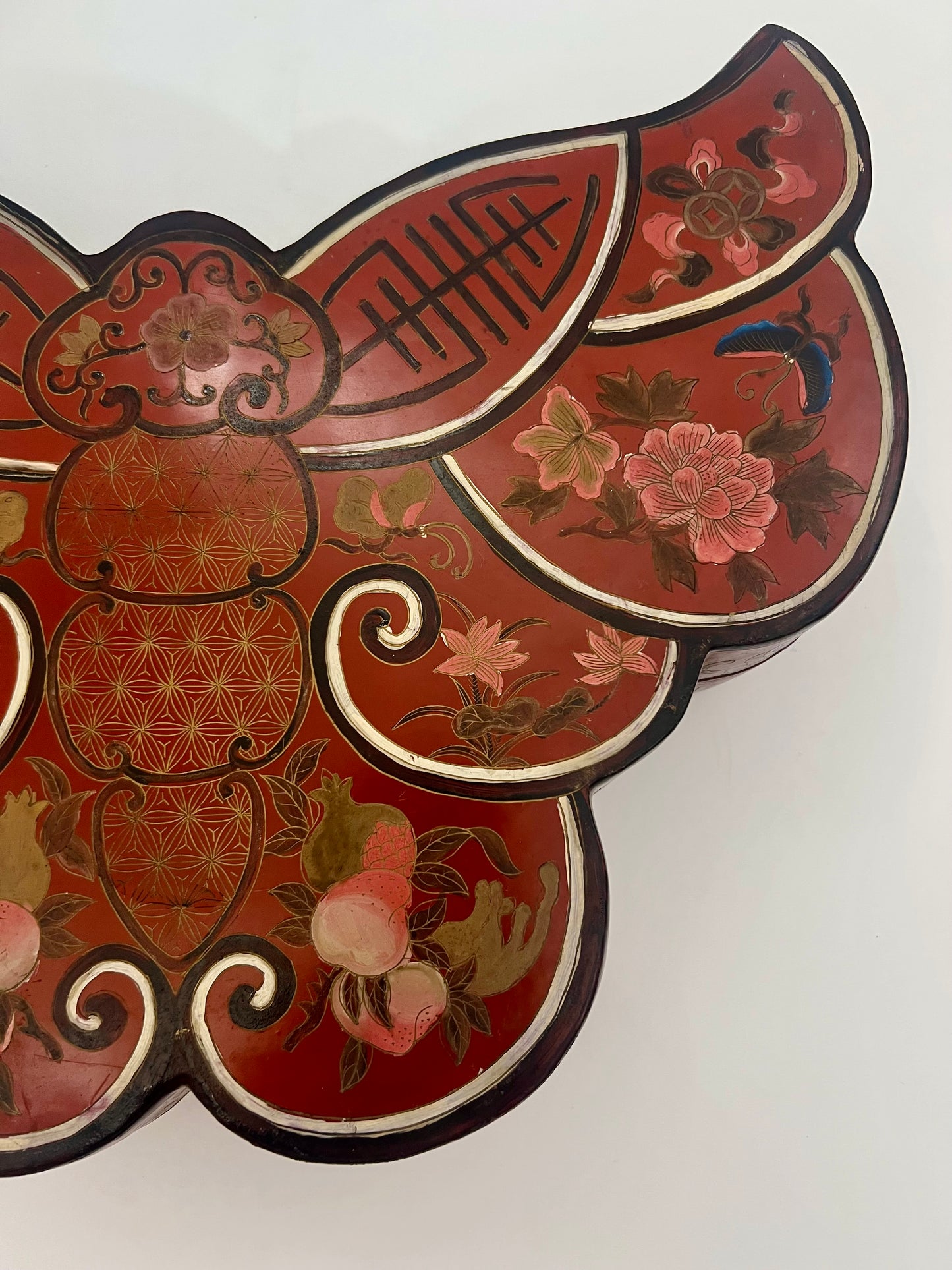 LARGE ANTIQUE CHINESE RED LACQUER SILK MOTH SHAPED STORAGE BOX