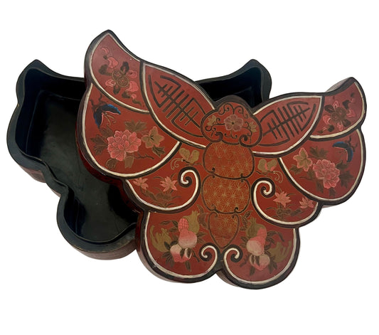 LARGE ANTIQUE CHINESE RED LACQUER SILK MOTH SHAPED STORAGE BOX