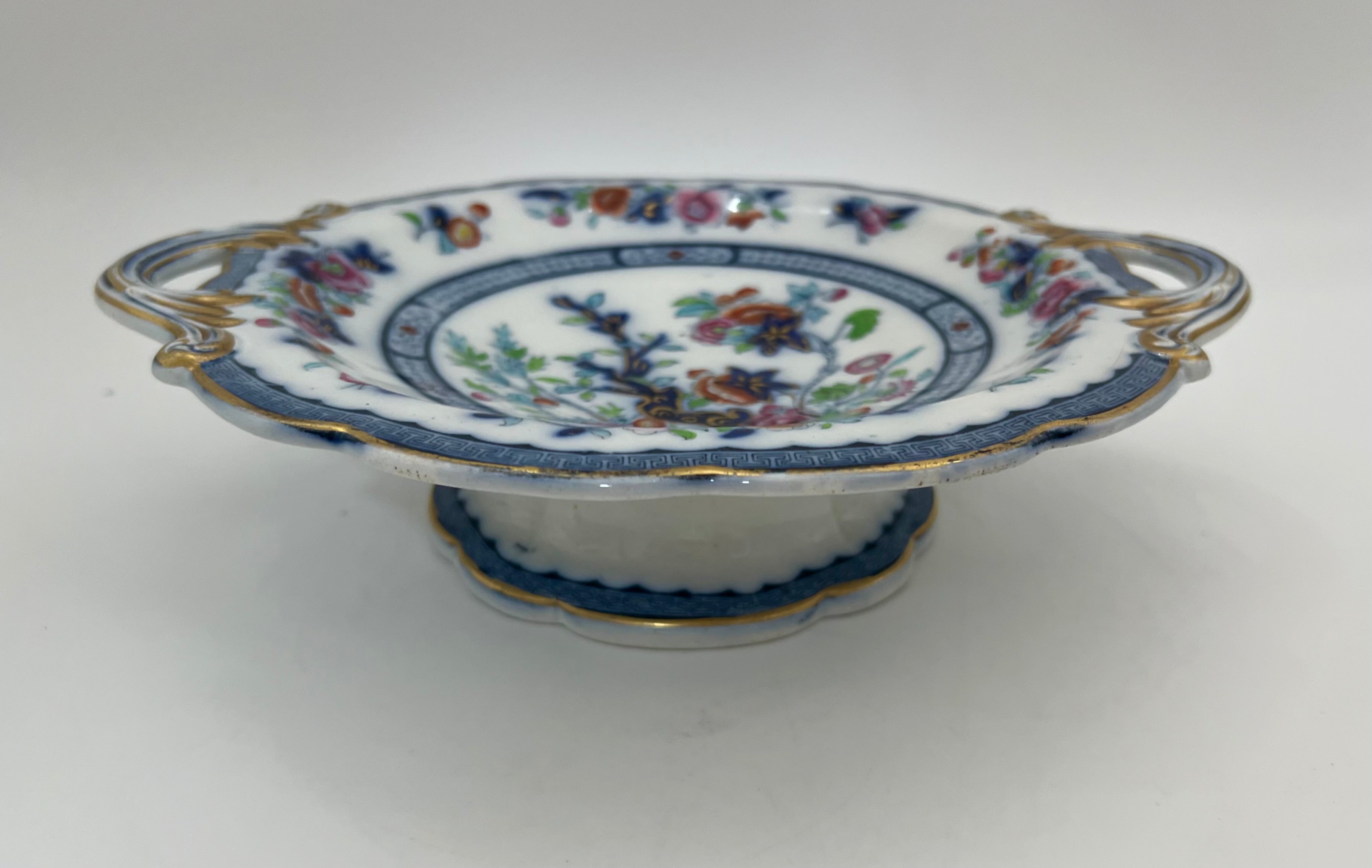 ANTIQUE HAND-PAINTED PORCELAIN COMPOTE BOWL WITH HANDLES | FLORAL CHINOISERIE PEDESTAL DISH | C. 1880–1910