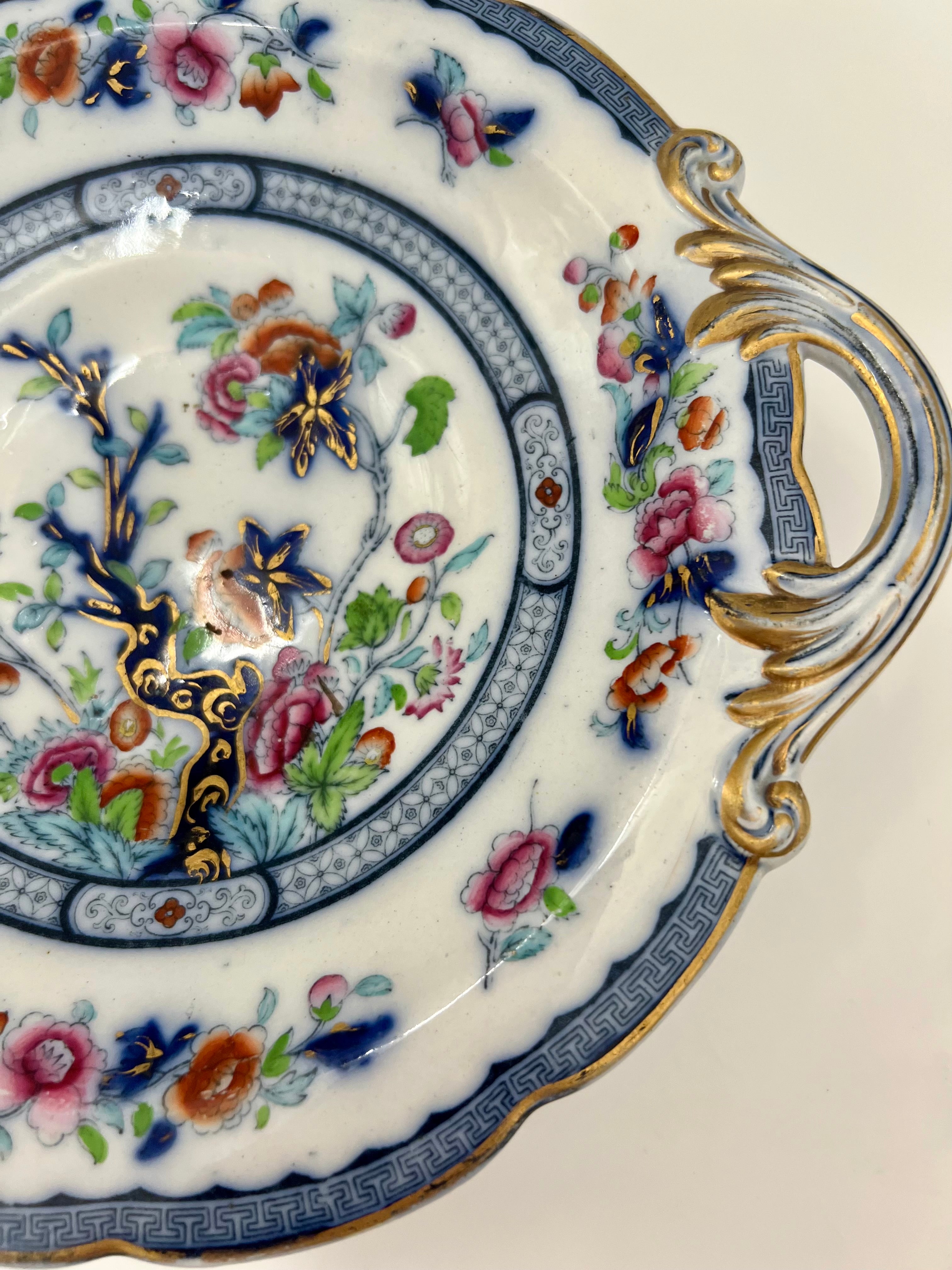 ANTIQUE HAND-PAINTED PORCELAIN COMPOTE BOWL WITH HANDLES | FLORAL CHINOISERIE PEDESTAL DISH | C. 1880–1910