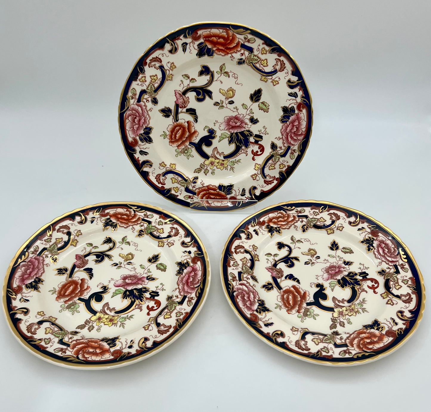 VINTAGE DISCONTINUED ENGLAND MASON'S MANDALY BLUE IRONSTONE CHINA DINNER PLATES, SET OF 3