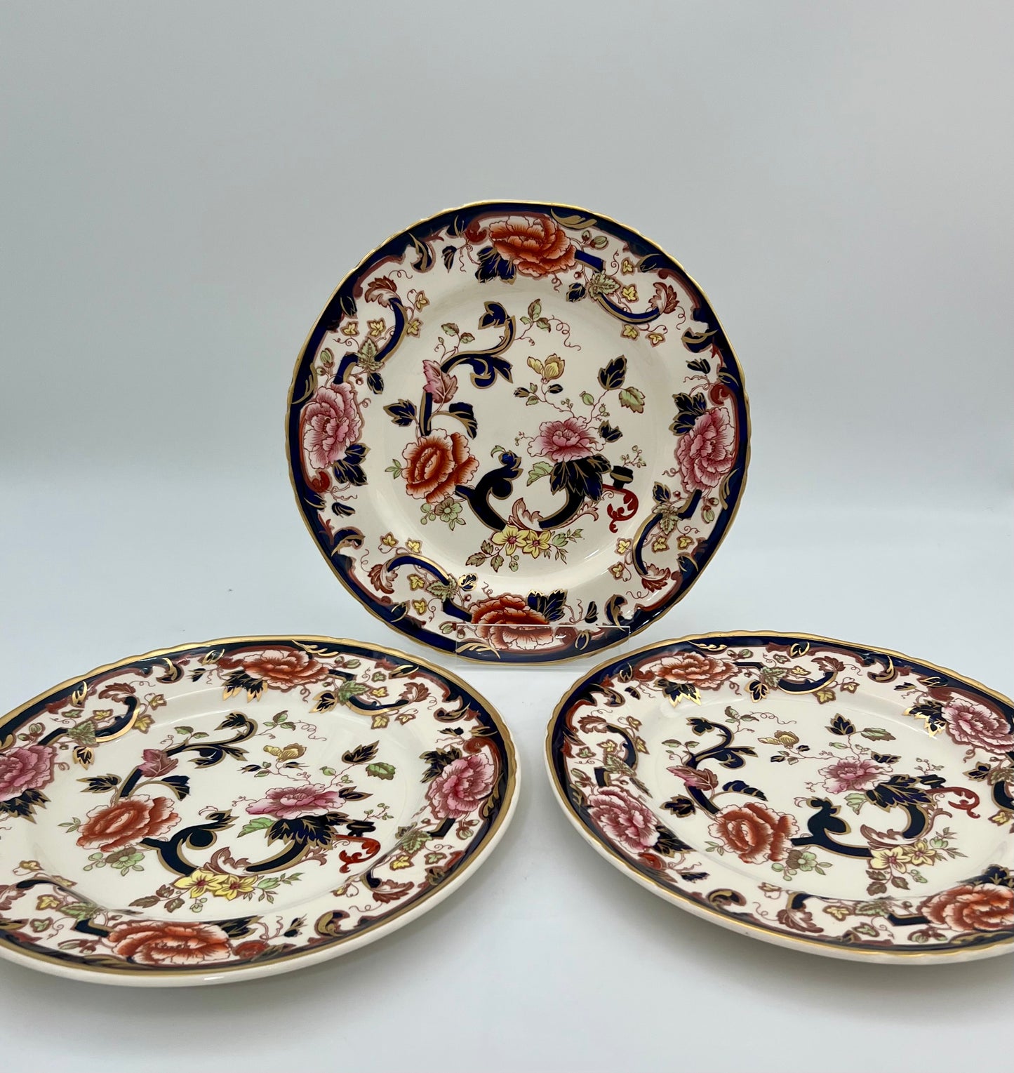 VINTAGE DISCONTINUED ENGLAND MASON'S MANDALY BLUE IRONSTONE CHINA DINNER PLATES, SET OF 3