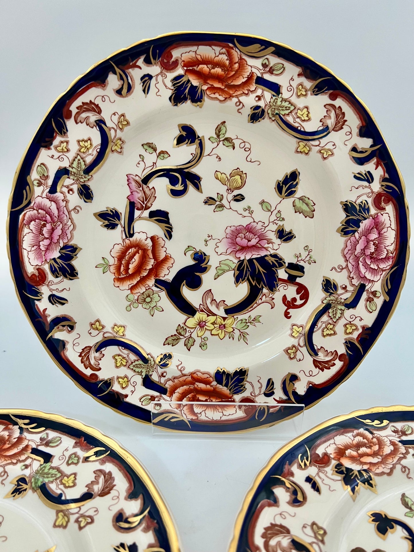 VINTAGE DISCONTINUED ENGLAND MASON'S MANDALY BLUE IRONSTONE CHINA DINNER PLATES, SET OF 3