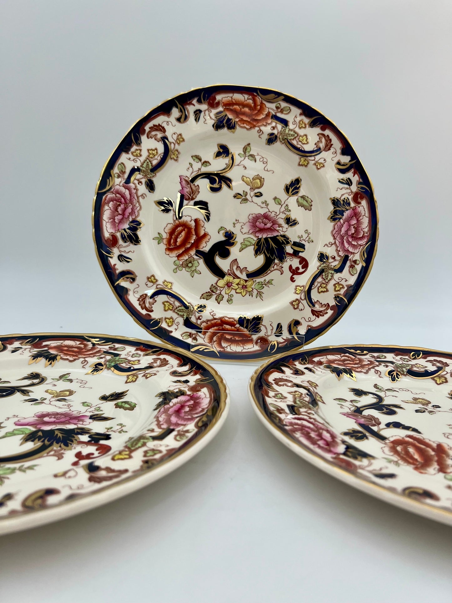 VINTAGE DISCONTINUED ENGLAND MASON'S MANDALY BLUE IRONSTONE CHINA DINNER PLATES, SET OF 3